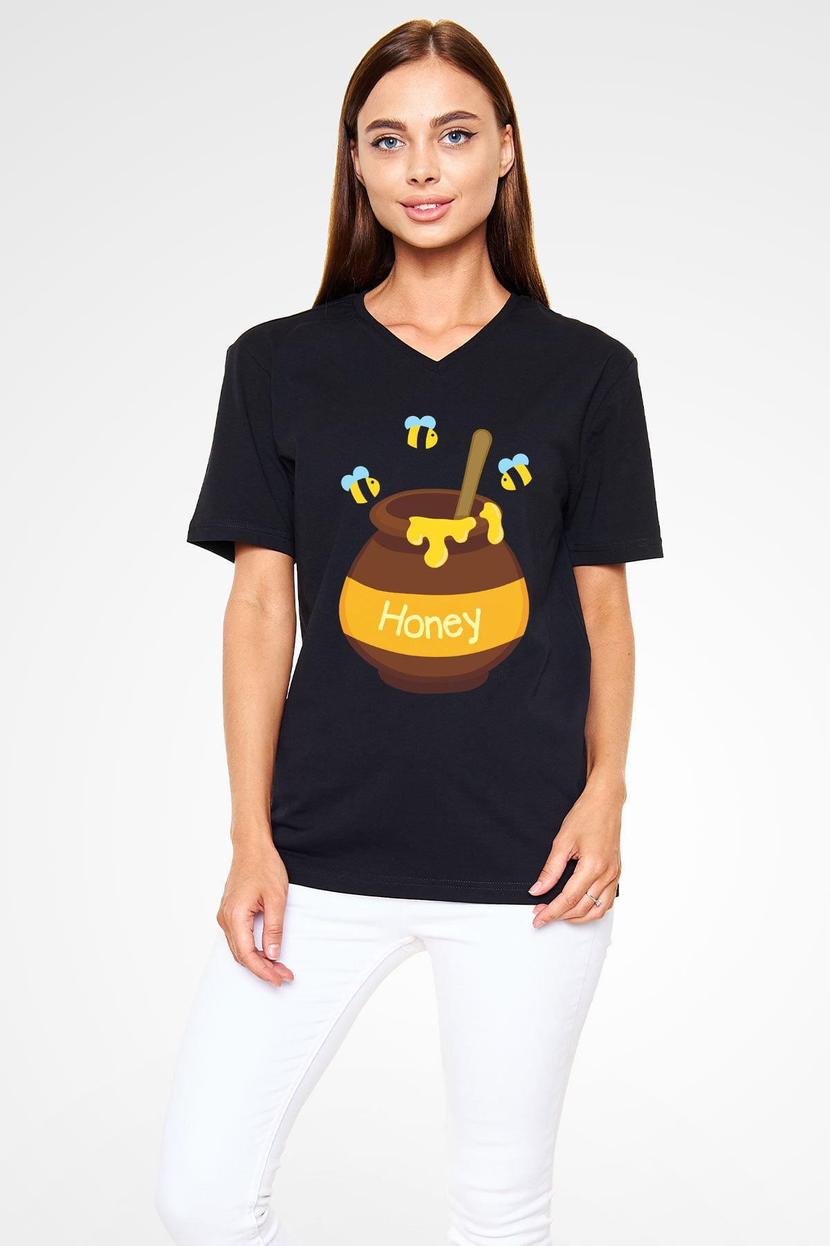 Arıcı Siyah Unisex V Yaka Tişört T-Shirt