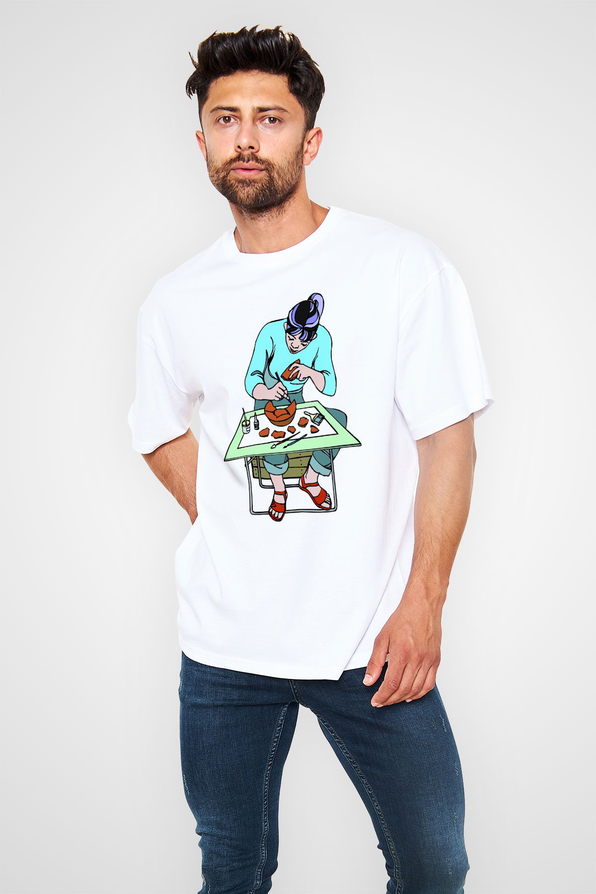 Arkeolog Beyaz Unisex Oversize Tişört T-Shirt