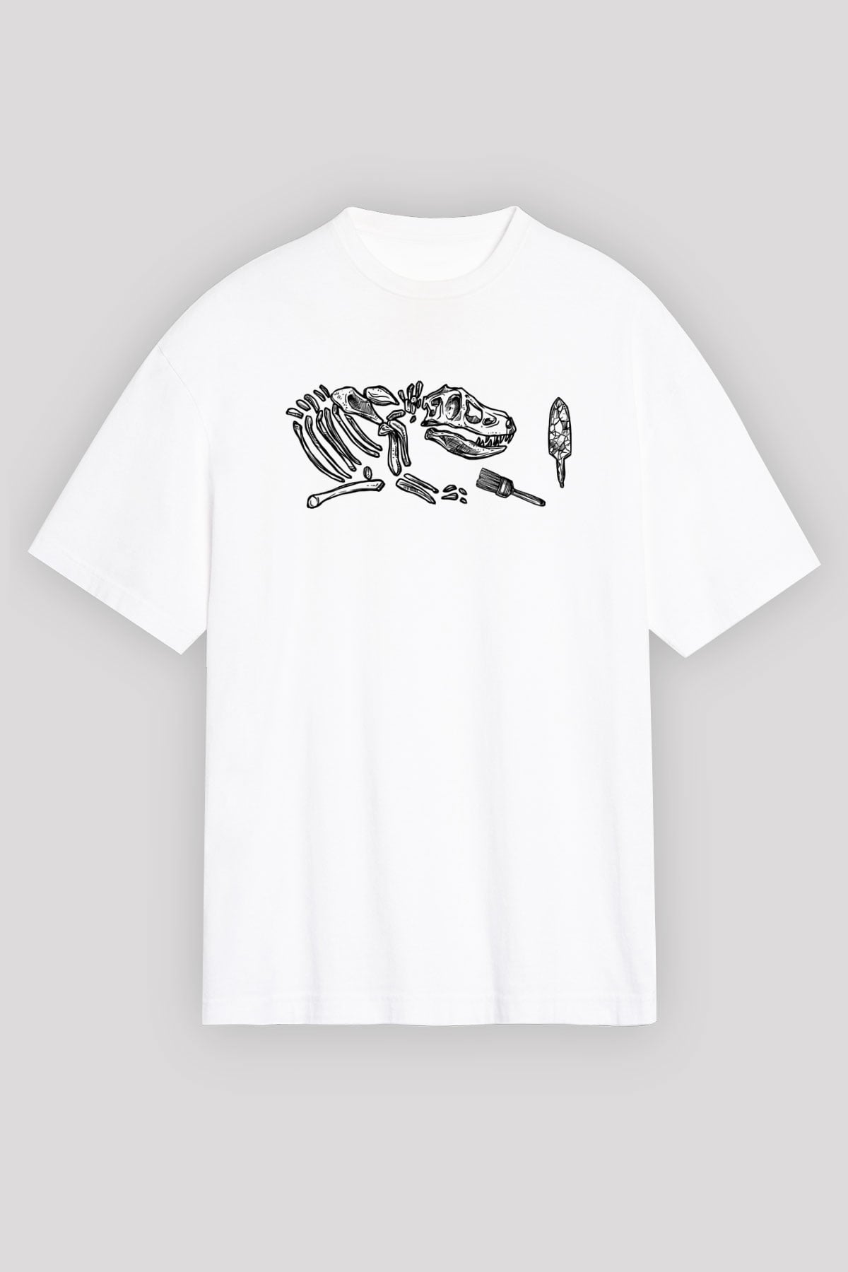 Arkeoloji Dinazor Baskılı Unisex Beyaz Oversize Tişört