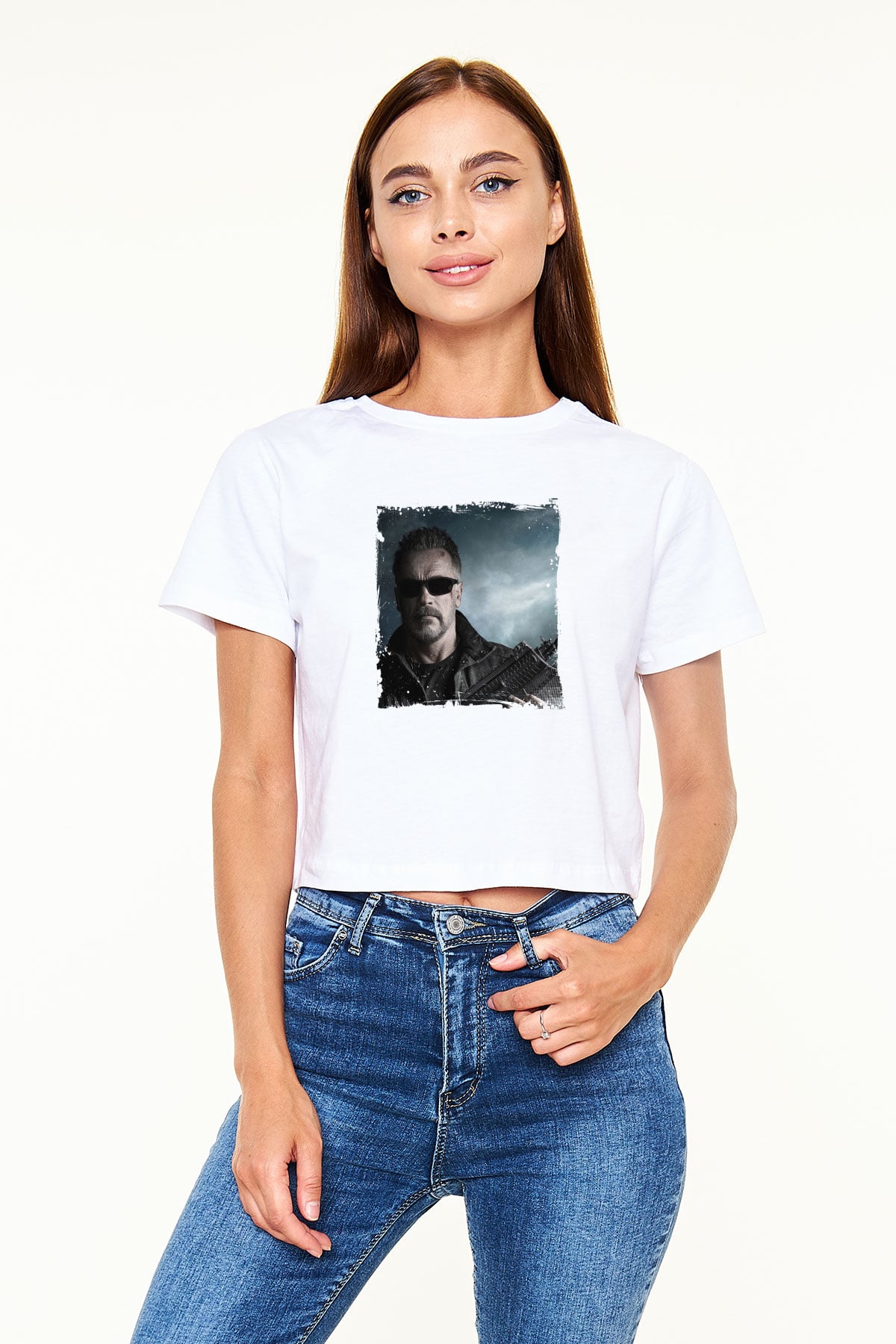 Arnold Schwarzenegger Baskılı Beyaz Kadın Crop Top Tişört