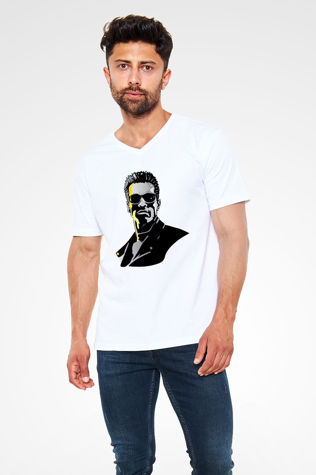 Arnold Schwarzenegger Beyaz Unisex V Yaka Tişört