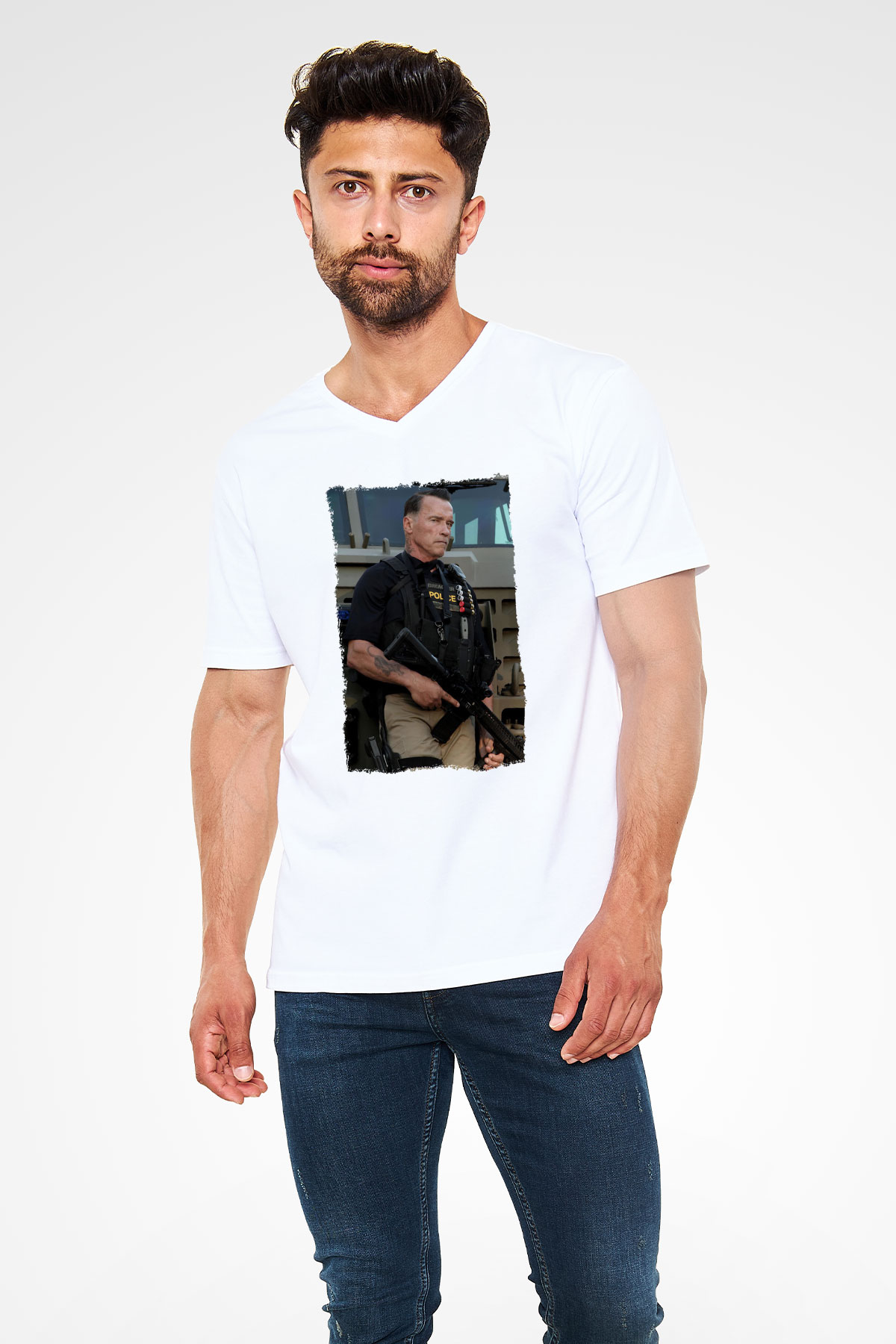 Arnold Schwarzenegger Beyaz Unisex V Yaka Tişört