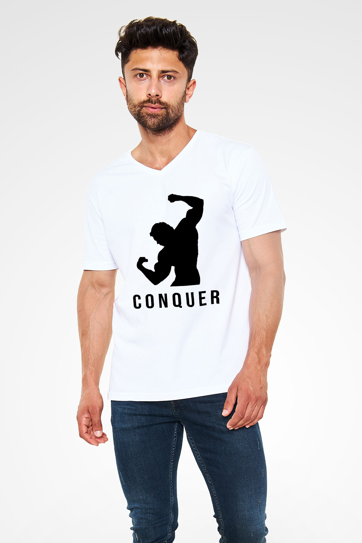 Arnold Schwarzenegger Beyaz Unisex V Yaka Tişört T-Shirt