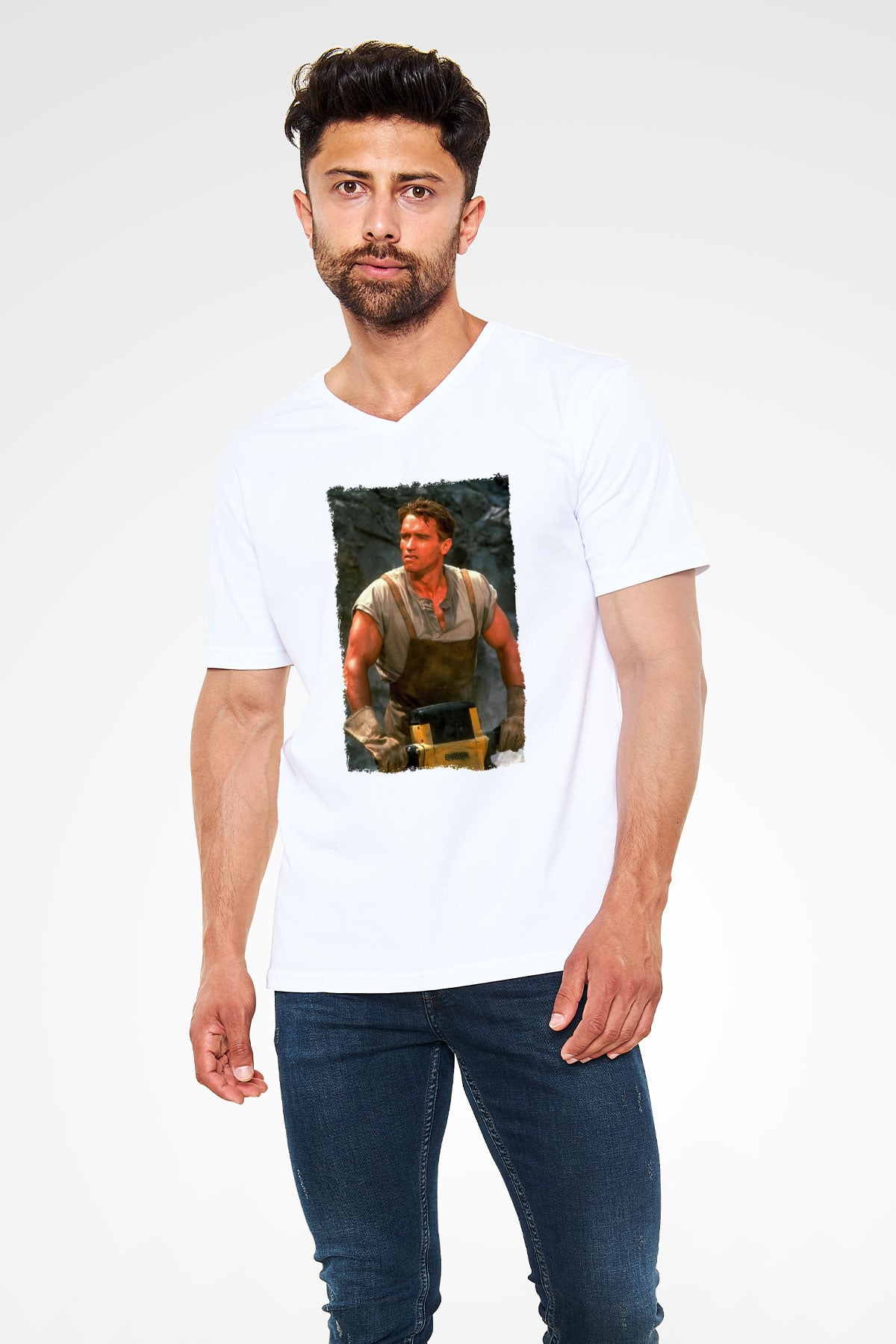 Arnold Schwarzenegger Beyaz Unisex V Yaka Tişört