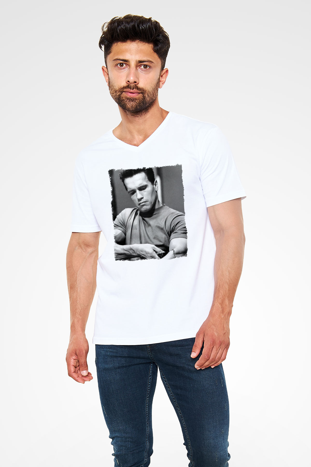 Arnold Schwarzenegger Beyaz Unisex V Yaka Tişört
