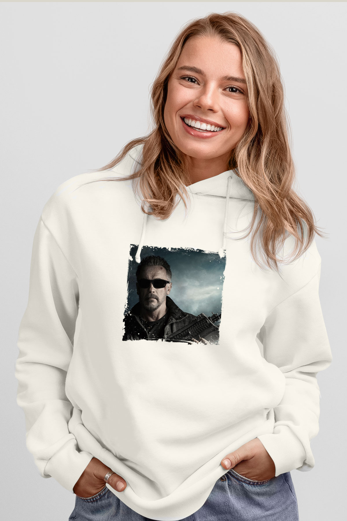 Arnold Schwarzenegger Unisex Baskılı Beyaz Kapüşonlu Sweatshirt