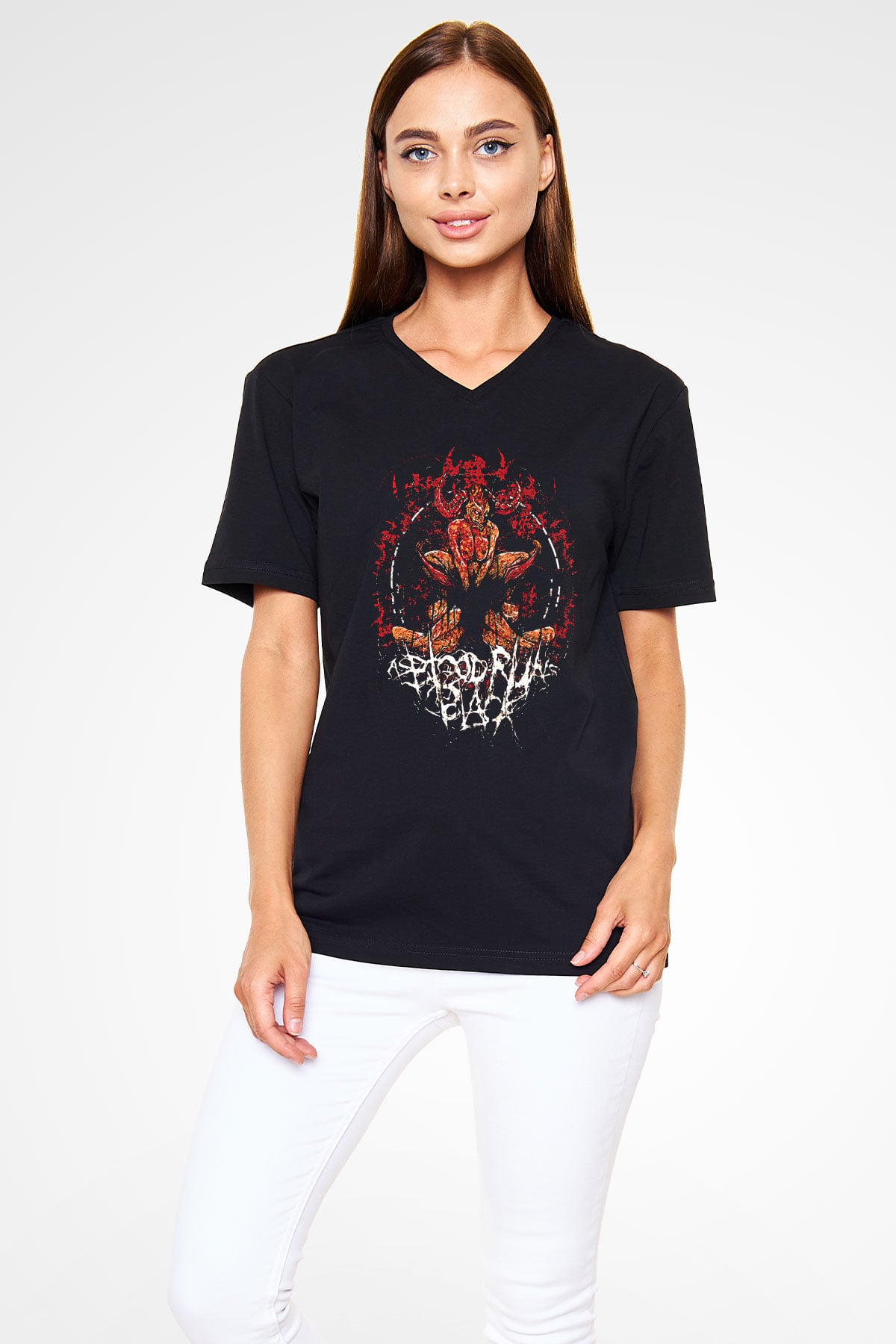 As Blood Runs Black Baskılı Unisex Siyah V Yaka Tişört - Tshirt