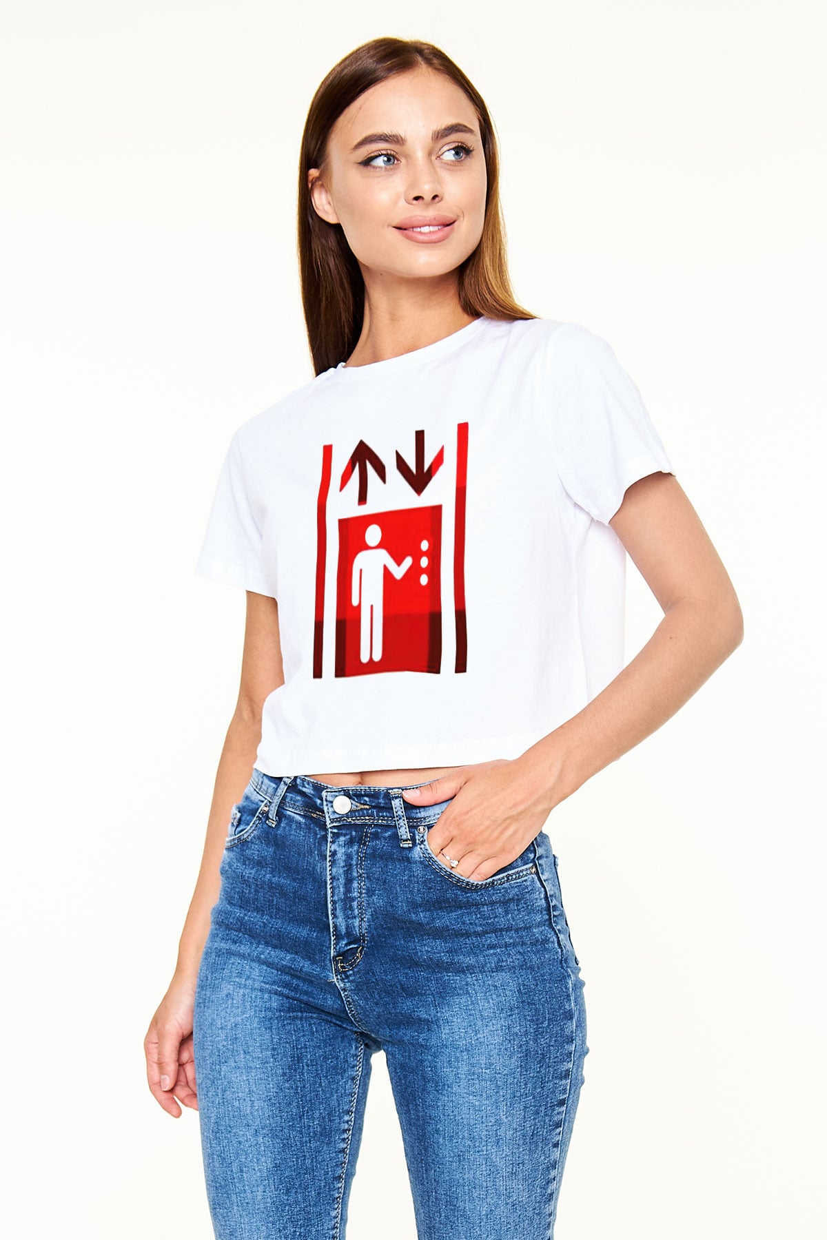Asansörcü Beyaz Croptop Tişört