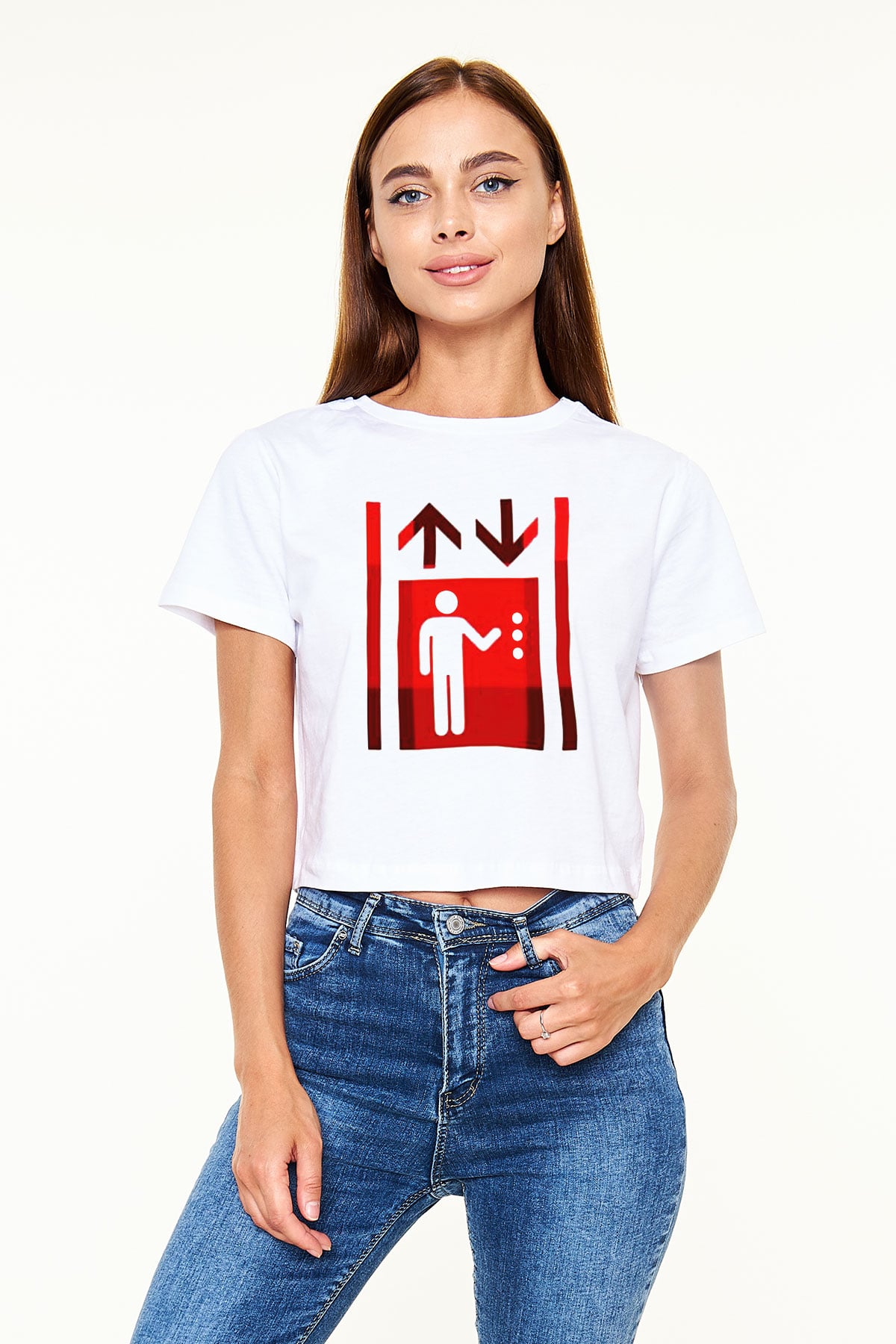 Asansörcü Beyaz Croptop Tişört