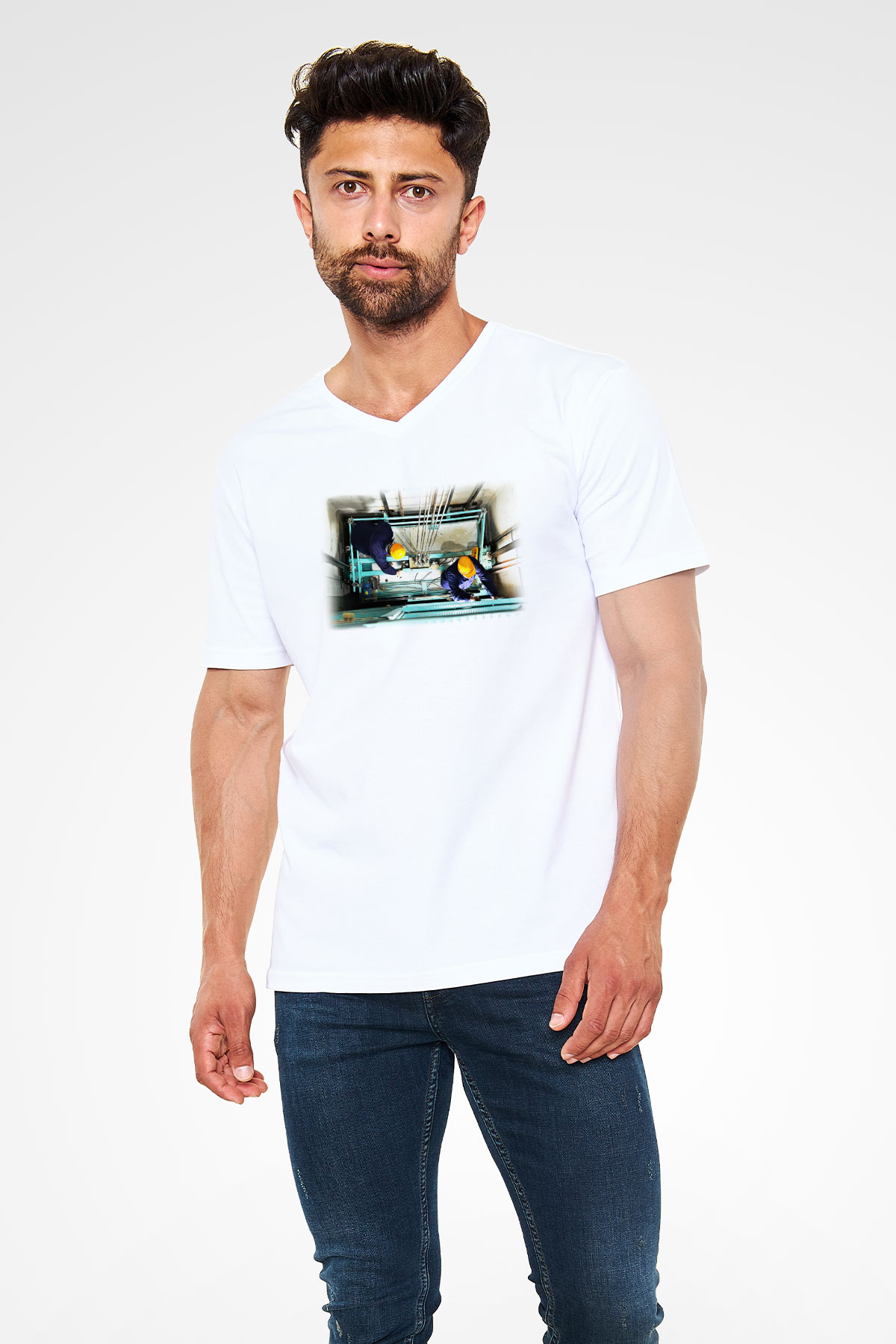 Asansörcü Beyaz Unisex V Yaka Tişört T-Shirt