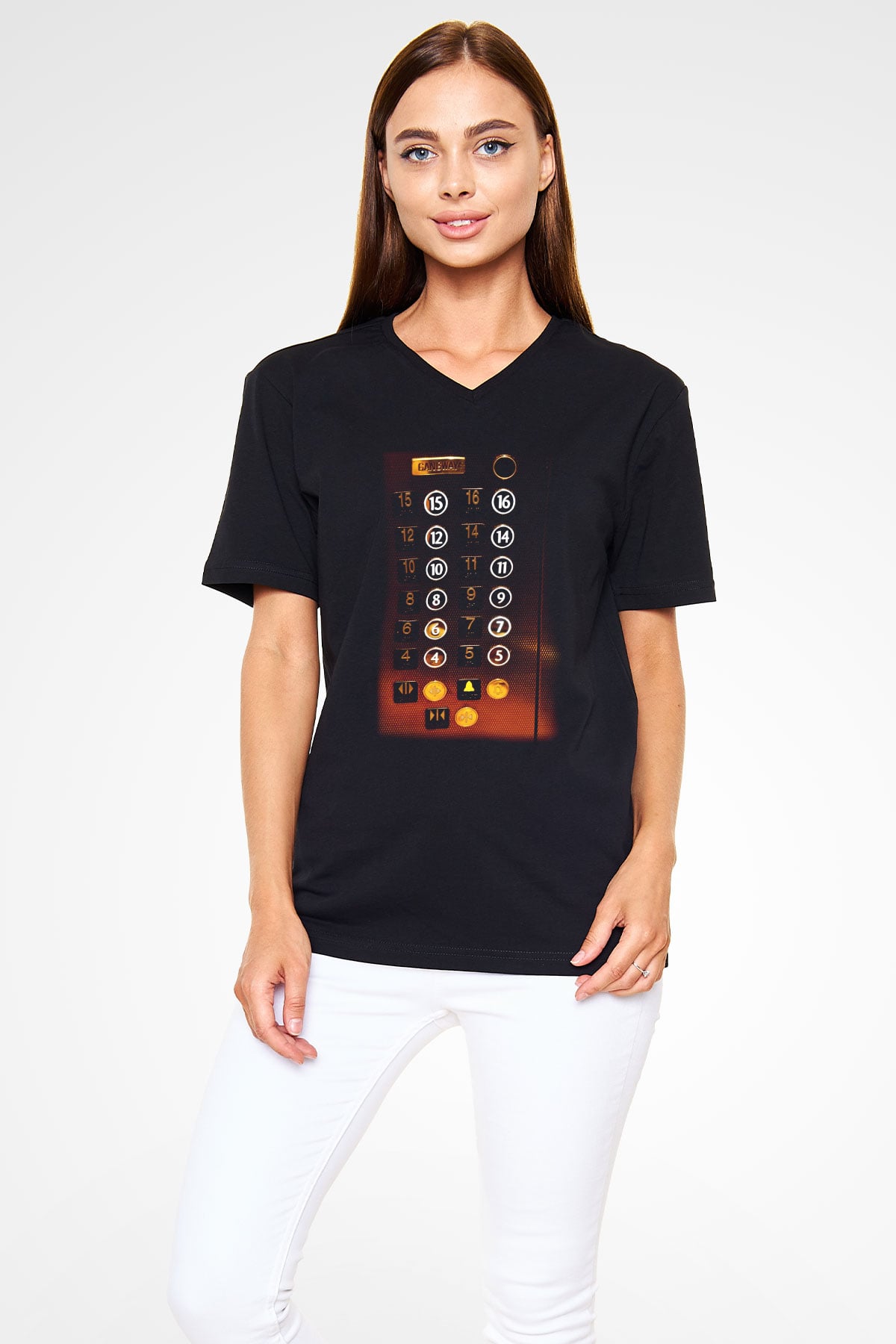 Asansörcü Siyah Unisex V Yaka Tişört T-Shirt
