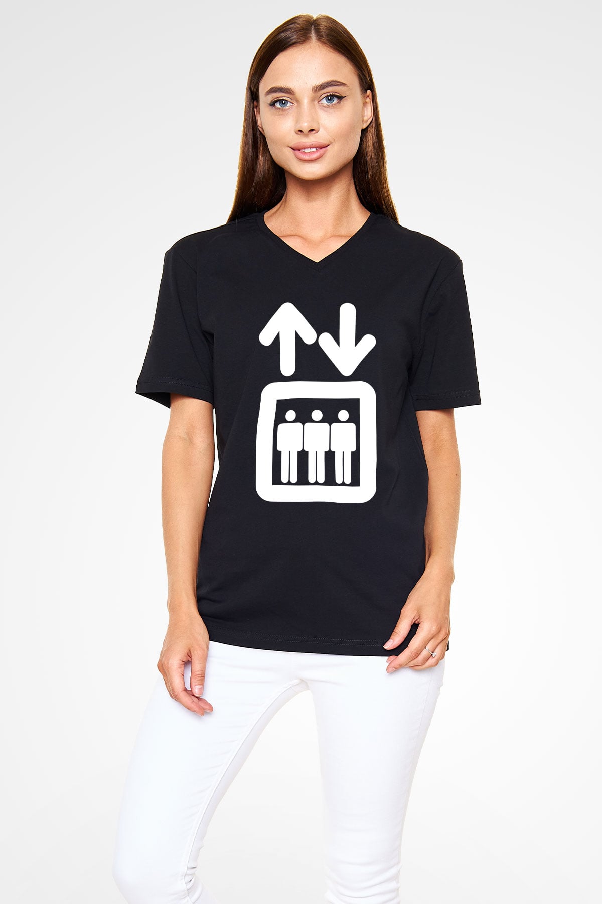 Asansörcü Siyah Unisex V Yaka Tişört T-Shirt