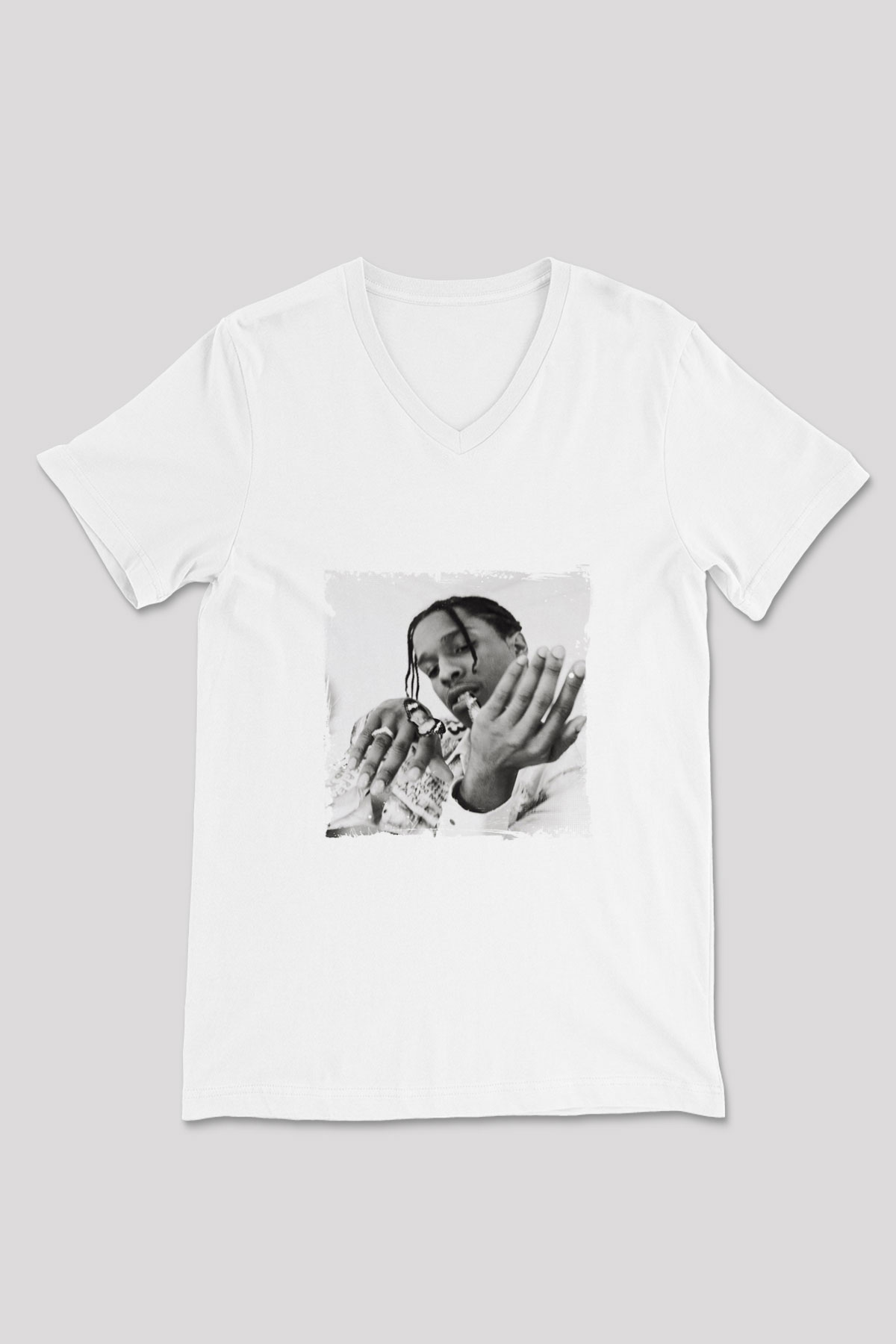 ASAP Mob Baskılı Beyaz V Yaka Unisex Tişört