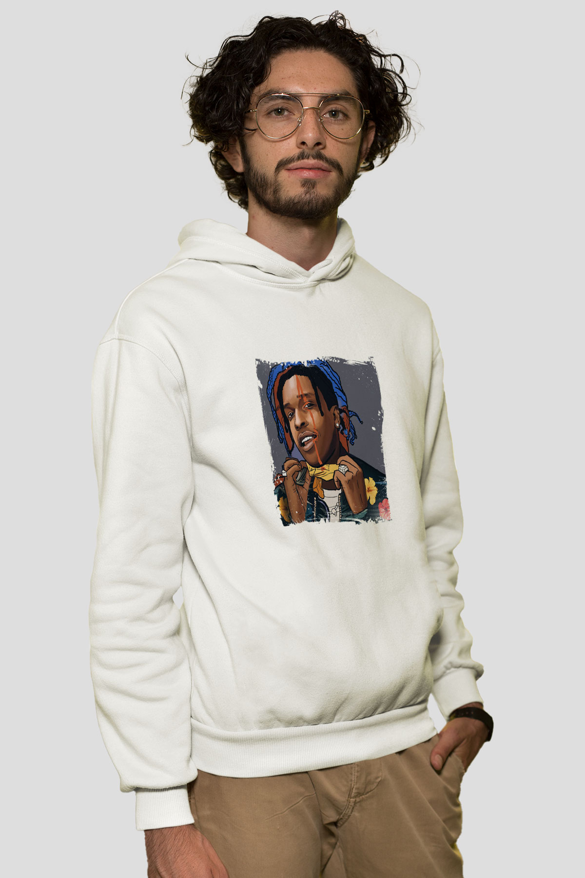 ASAP Mob Baskılı Unisex Beyaz Hoodie