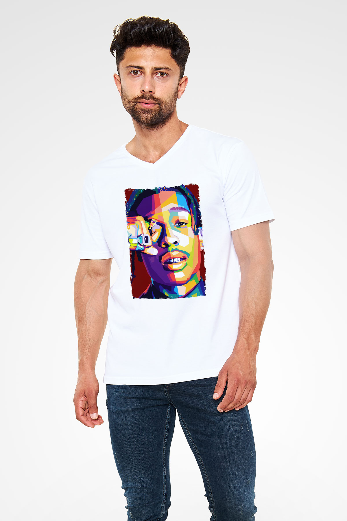 ASAP Mob Beyaz Unisex V Yaka Tişört