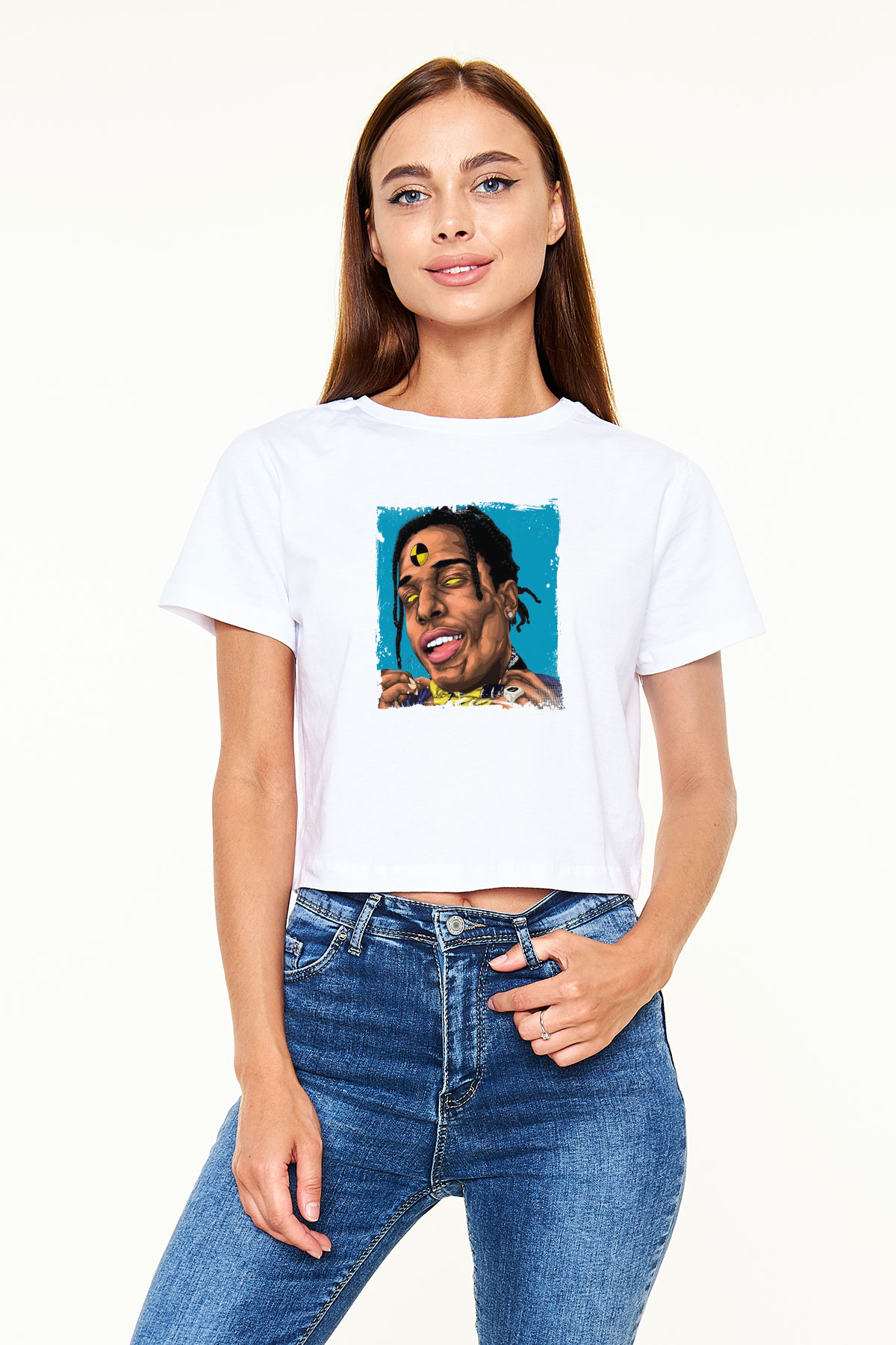 ASAP Rocky Baskılı Beyaz Kadın Crop Top Tişört