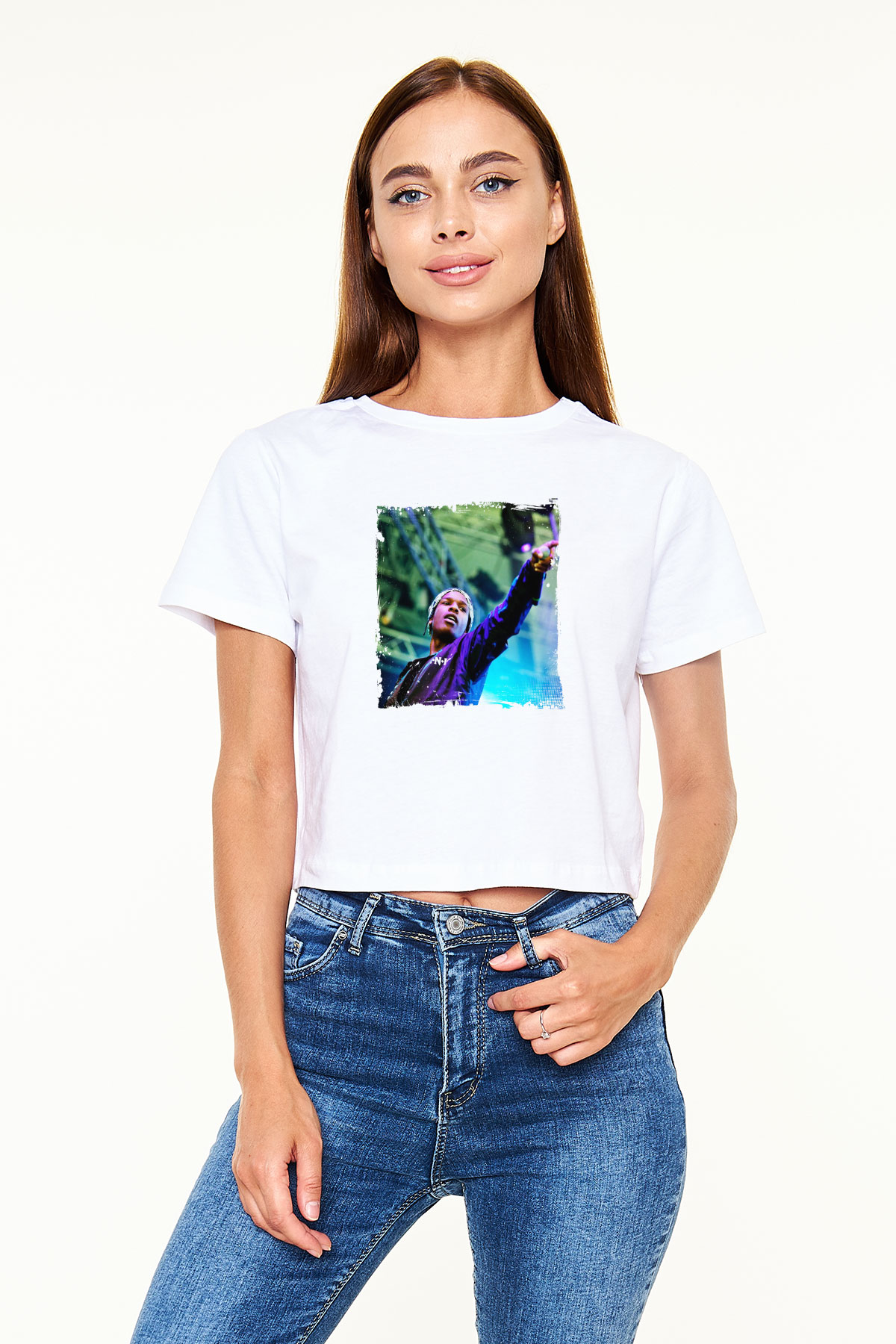 ASAP Rocky Baskılı Beyaz Kadın Crop Top Tişört
