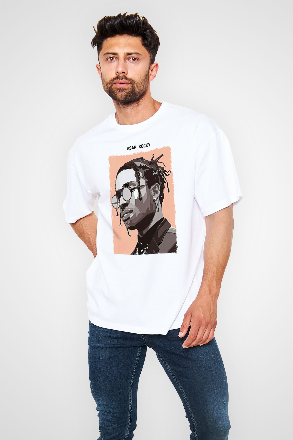 Asap Rocky Baskılı Beyaz Unisex Oversize Tişört - Tshirt