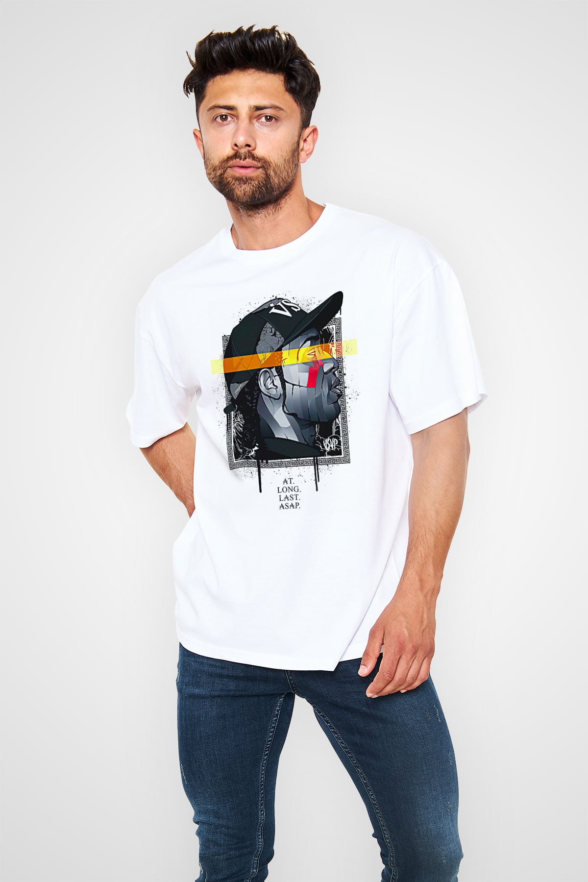 Asap Rocky Baskılı Beyaz Unisex Oversize Tişört - Tshirt