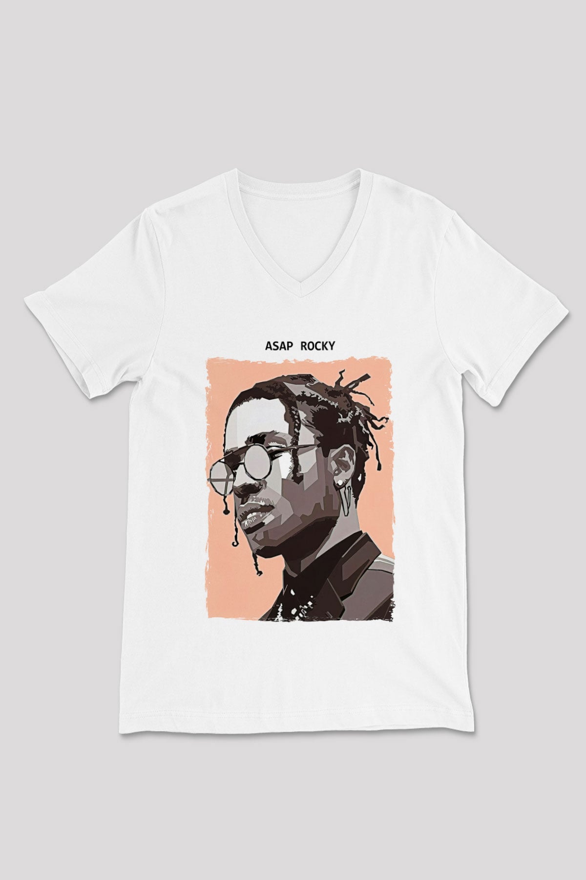 Asap Rocky Baskılı Beyaz Unisex V Yaka Tişört - Tshirt