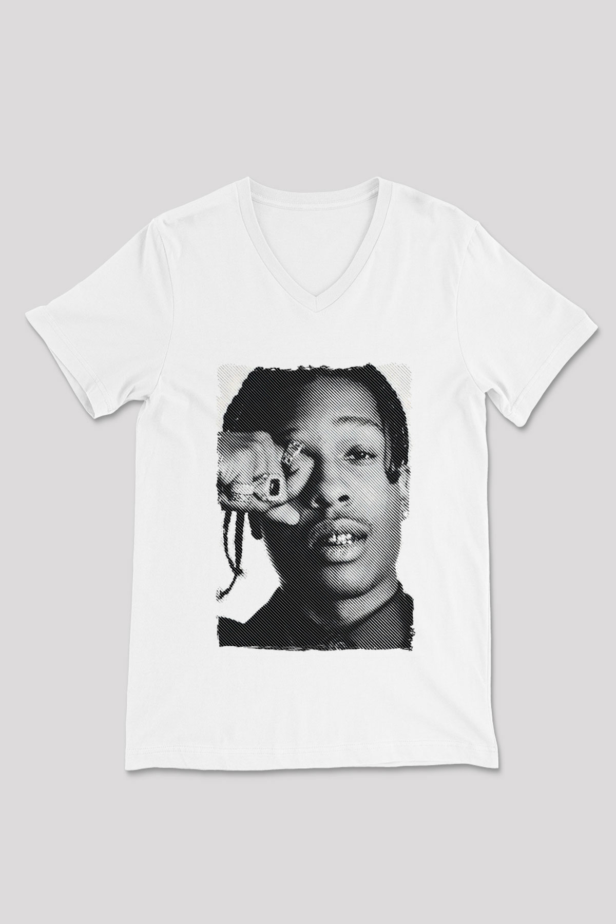 Asap Rocky Baskılı Beyaz Unisex V Yaka Tişört - Tshirt