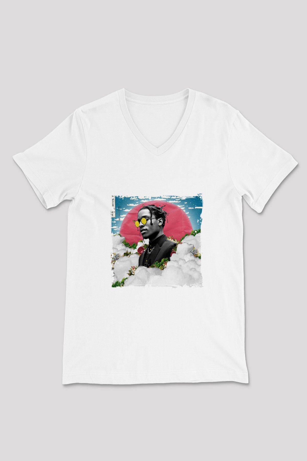 ASAP Rocky Baskılı Beyaz V Yaka Unisex Tişört