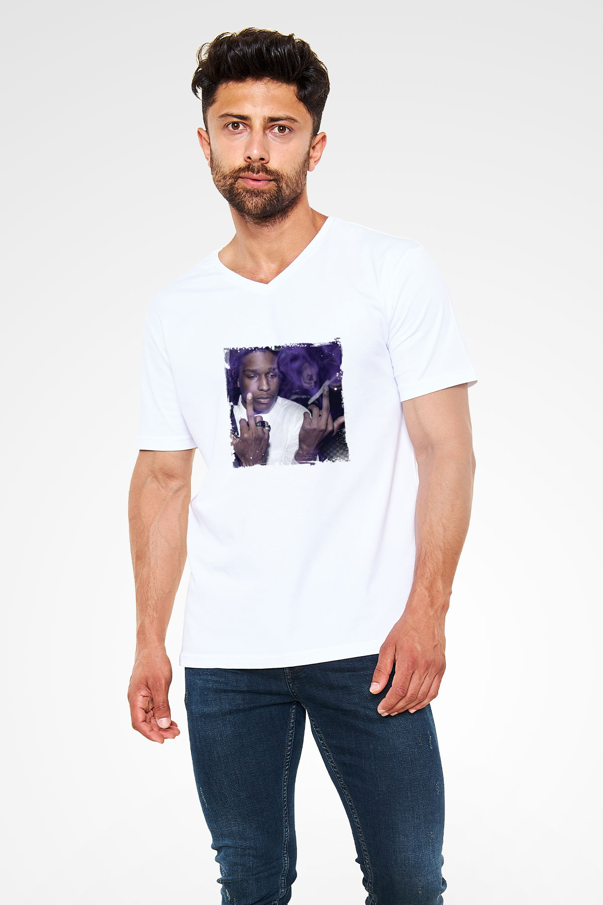 ASAP Rocky Baskılı Beyaz V Yaka Unisex Tişört