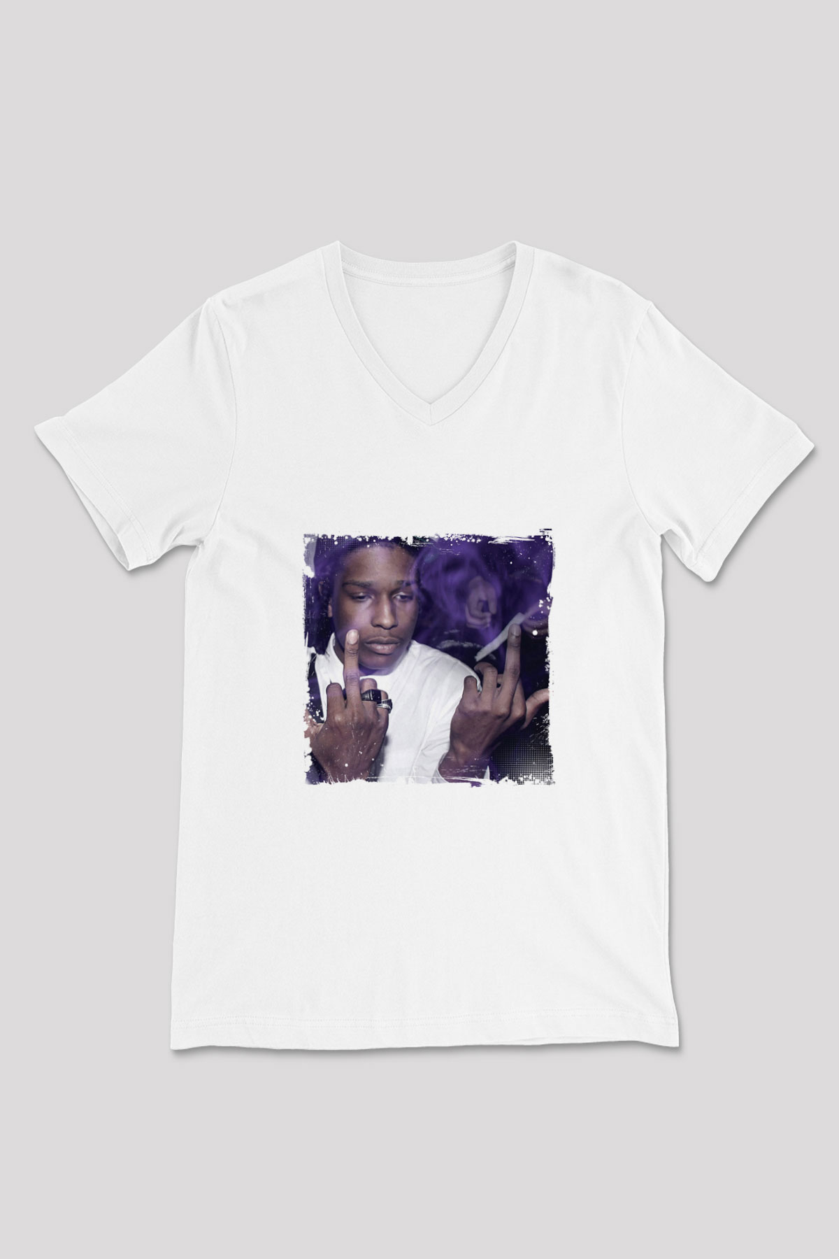 ASAP Rocky Baskılı Beyaz V Yaka Unisex Tişört