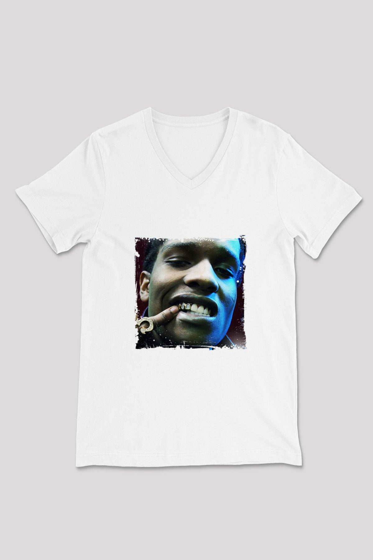 ASAP Rocky Baskılı Beyaz V Yaka Unisex Tişört