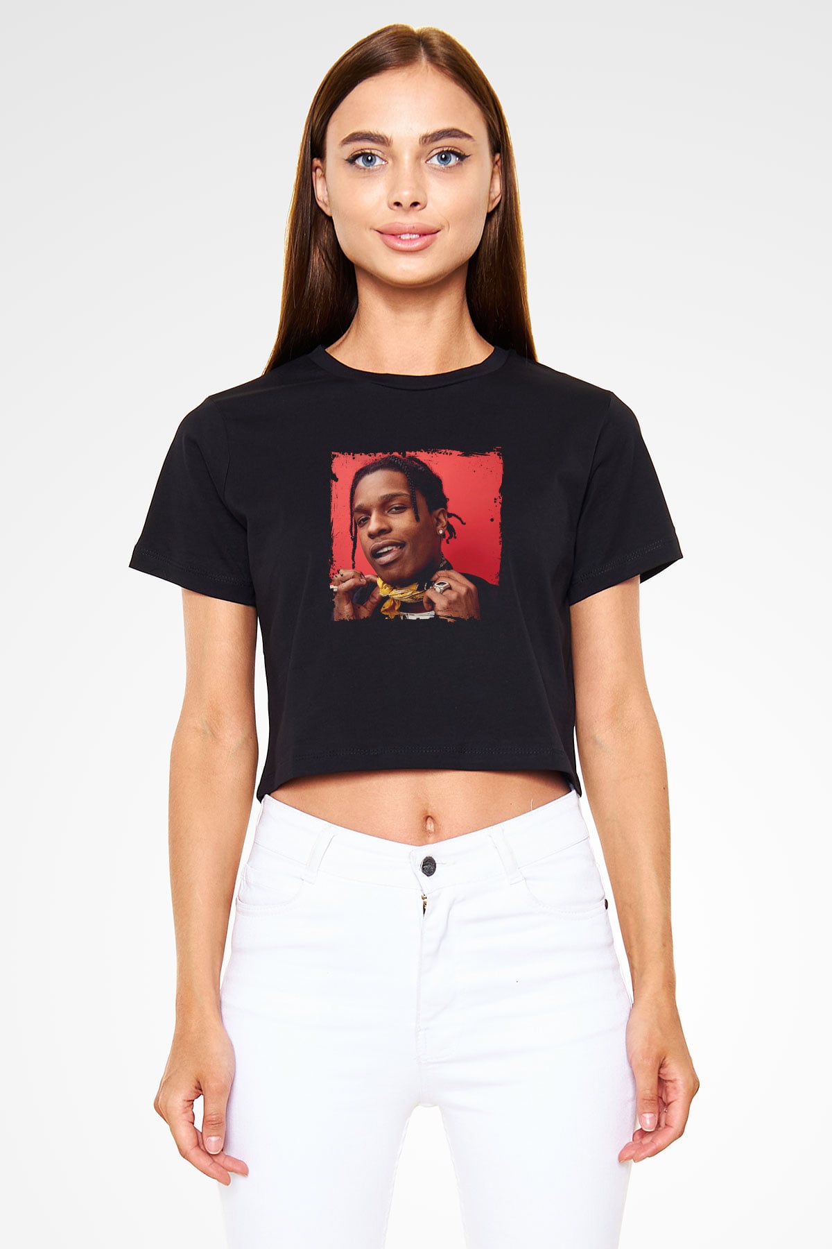 ASAP Rocky Baskılı Crop Top Siyah Kadın Tişört
