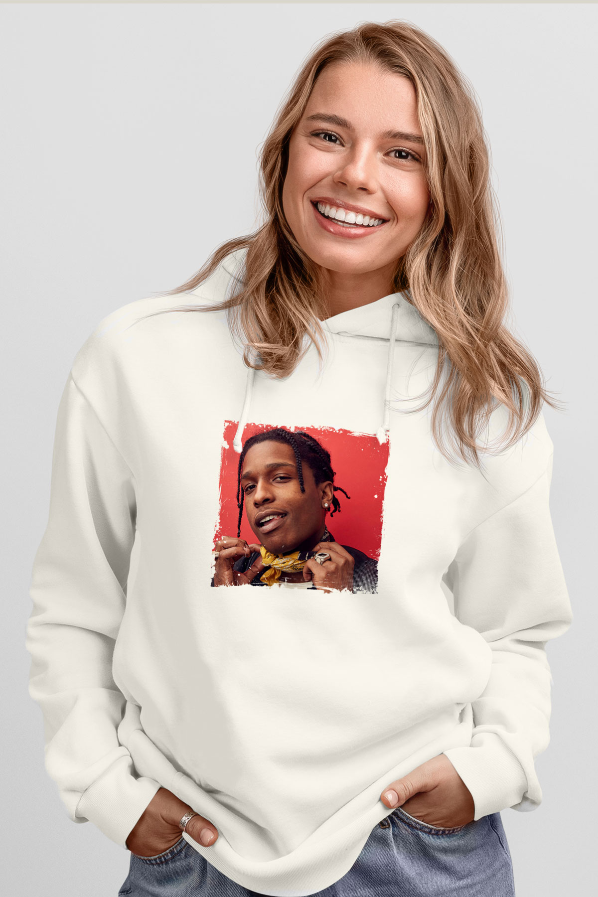 ASAP Rocky Baskılı Unisex Beyaz Hoodie
