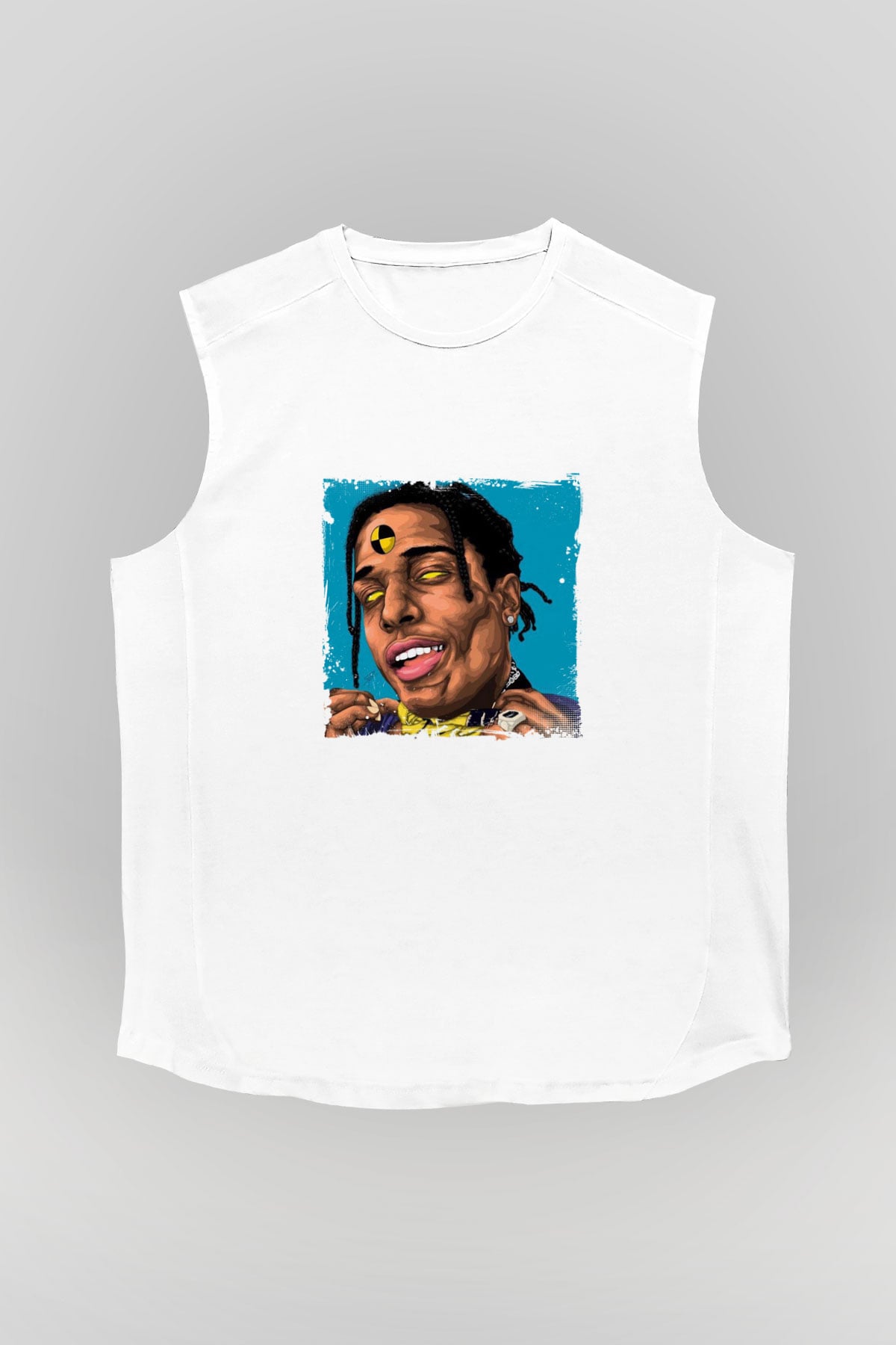 ASAP Rocky Baskılı Unisex Beyaz Kolsuz Tişört