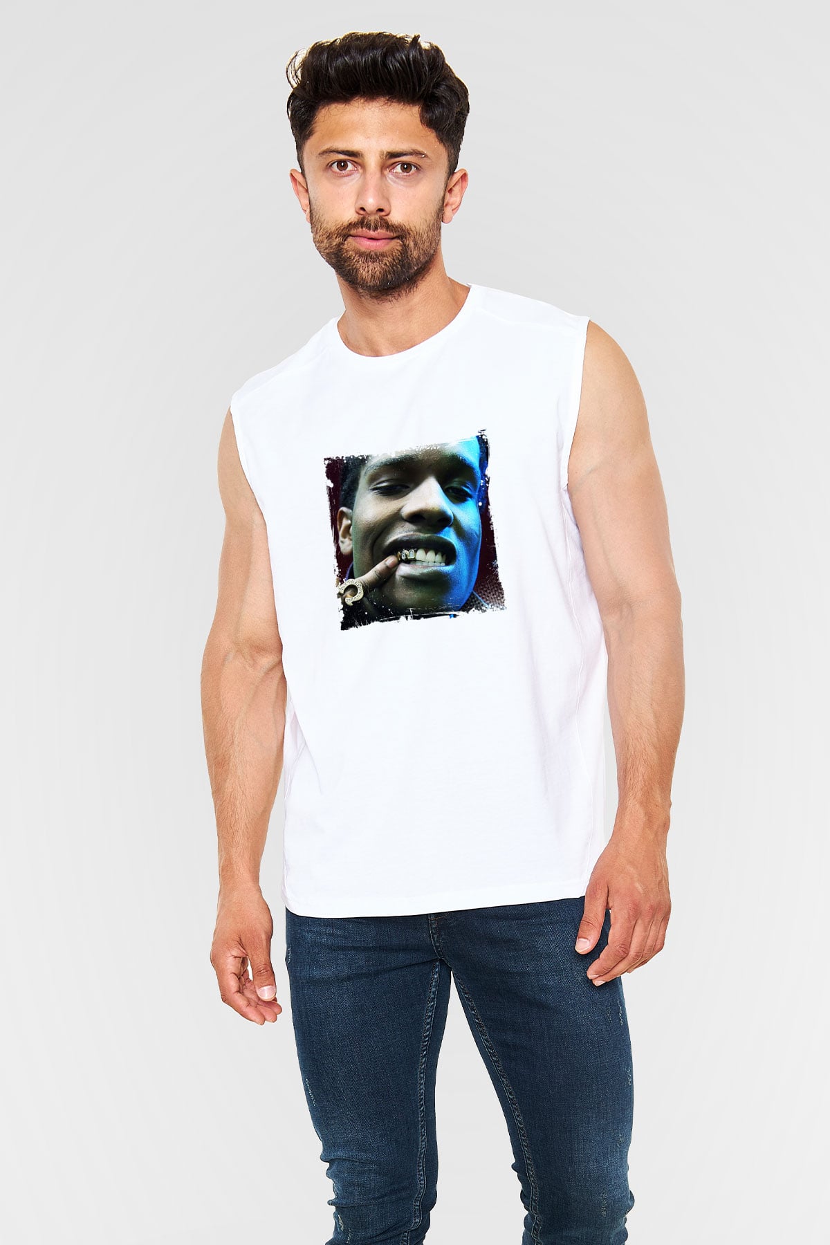 ASAP Rocky Baskılı Unisex Beyaz Kolsuz Tişört
