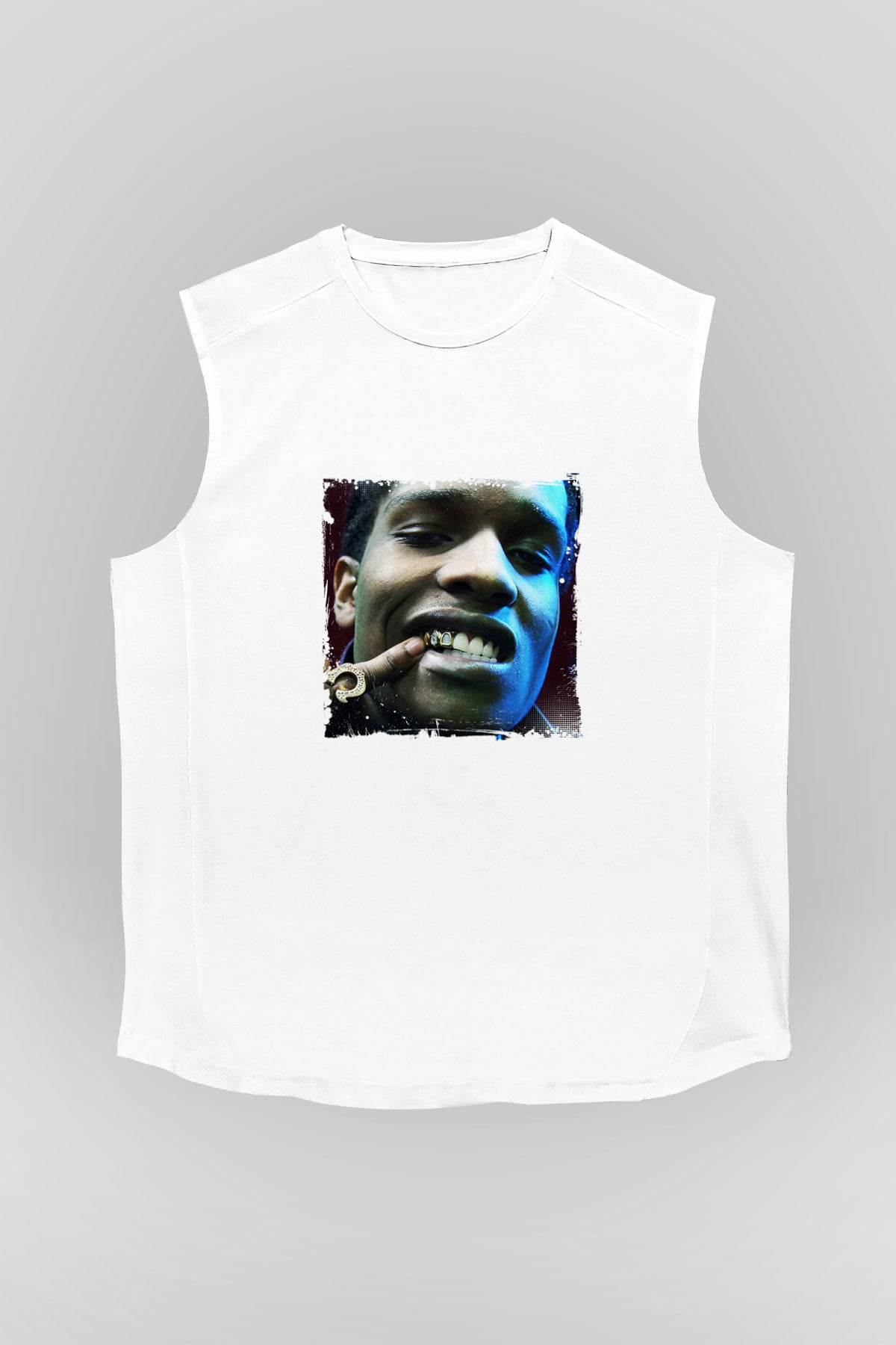 ASAP Rocky Baskılı Unisex Beyaz Kolsuz Tişört