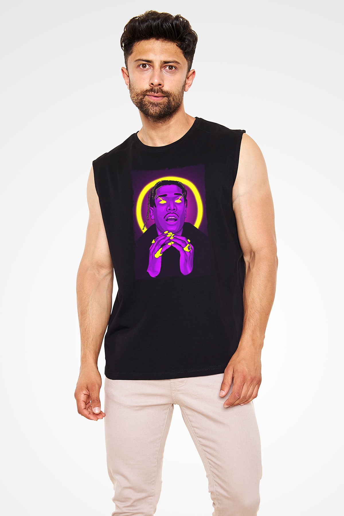 Asap Rocky Baskılı Unisex Siyah Kolsuz Tişört - Tshirt