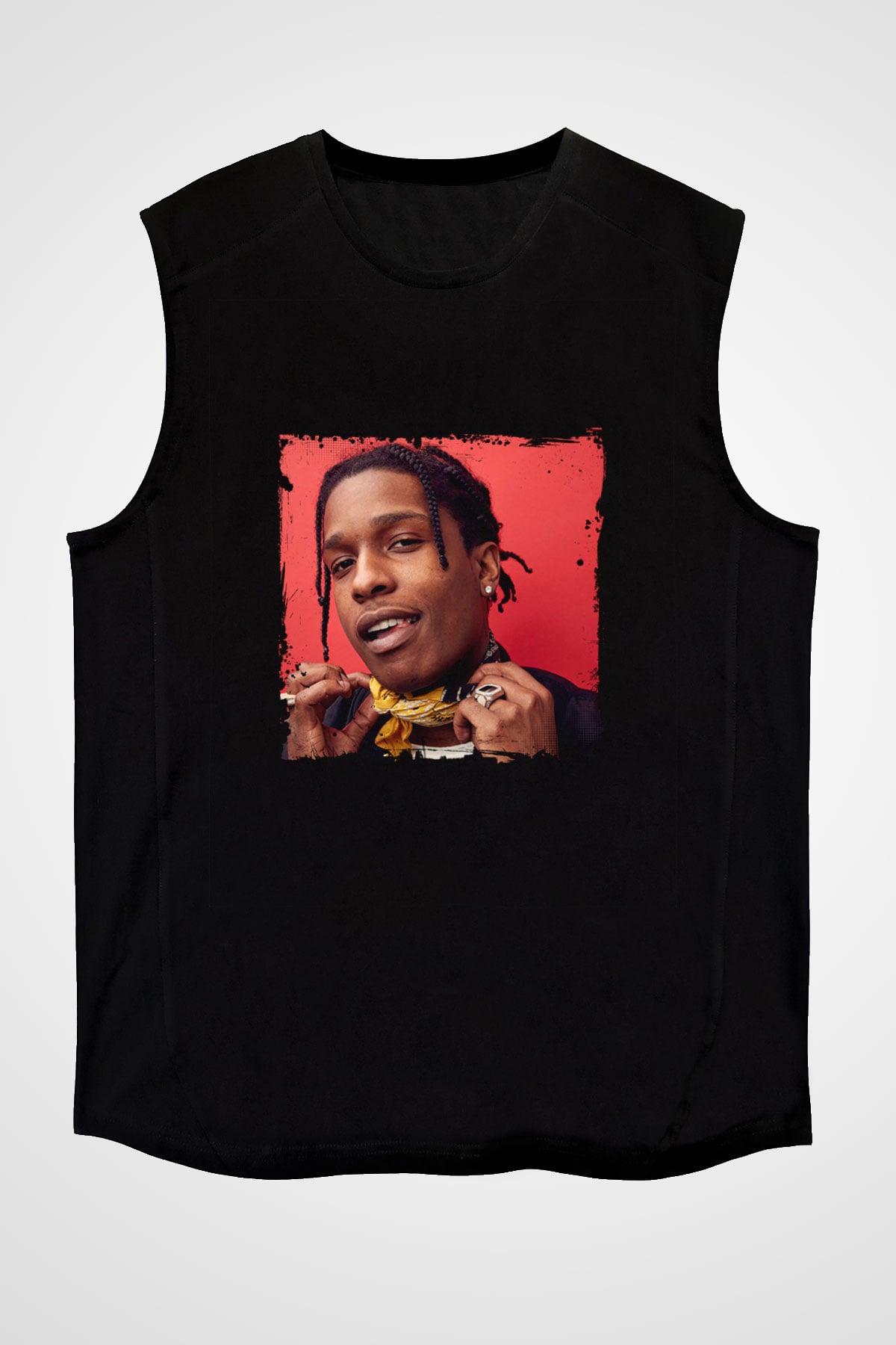 ASAP Rocky Baskılı Unisex Siyah Kolsuz Tişört