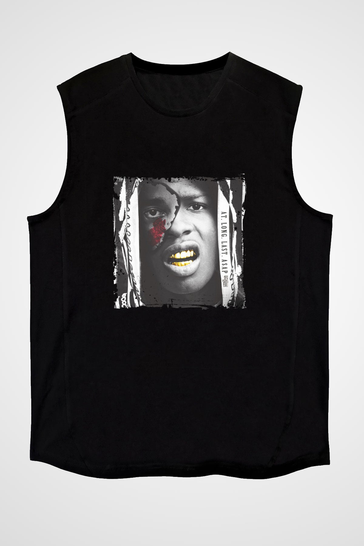 ASAP Rocky Baskılı Unisex Siyah Kolsuz Tişört