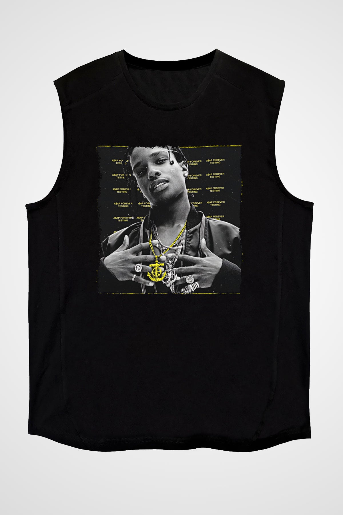 Asap Rocky Baskılı Unisex Siyah Kolsuz Tişört - Tshirt