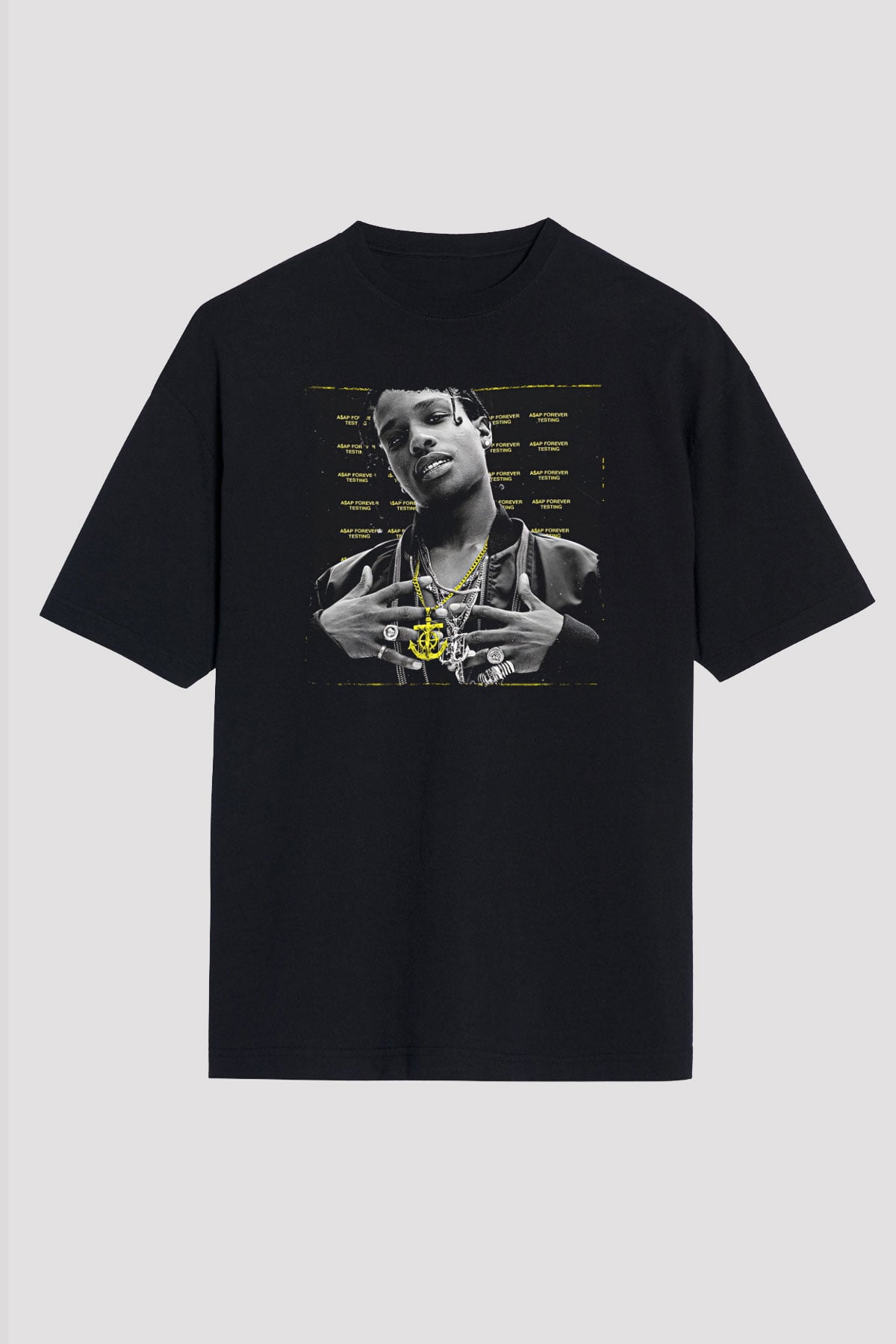 Asap Rocky Baskılı Unisex Siyah Oversize Tişört - Tshirt