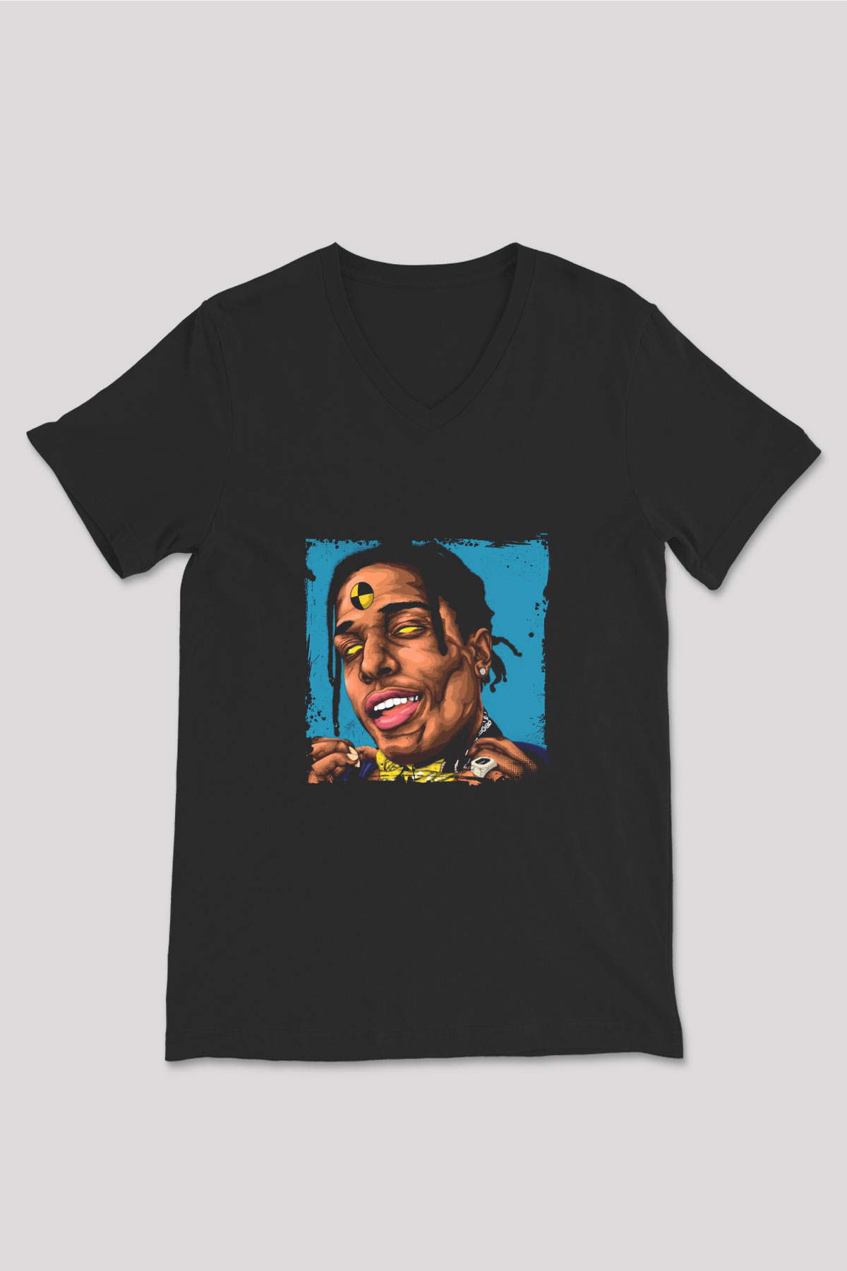 ASAP Rocky Baskılı Unisex Siyah V Yaka Tişört