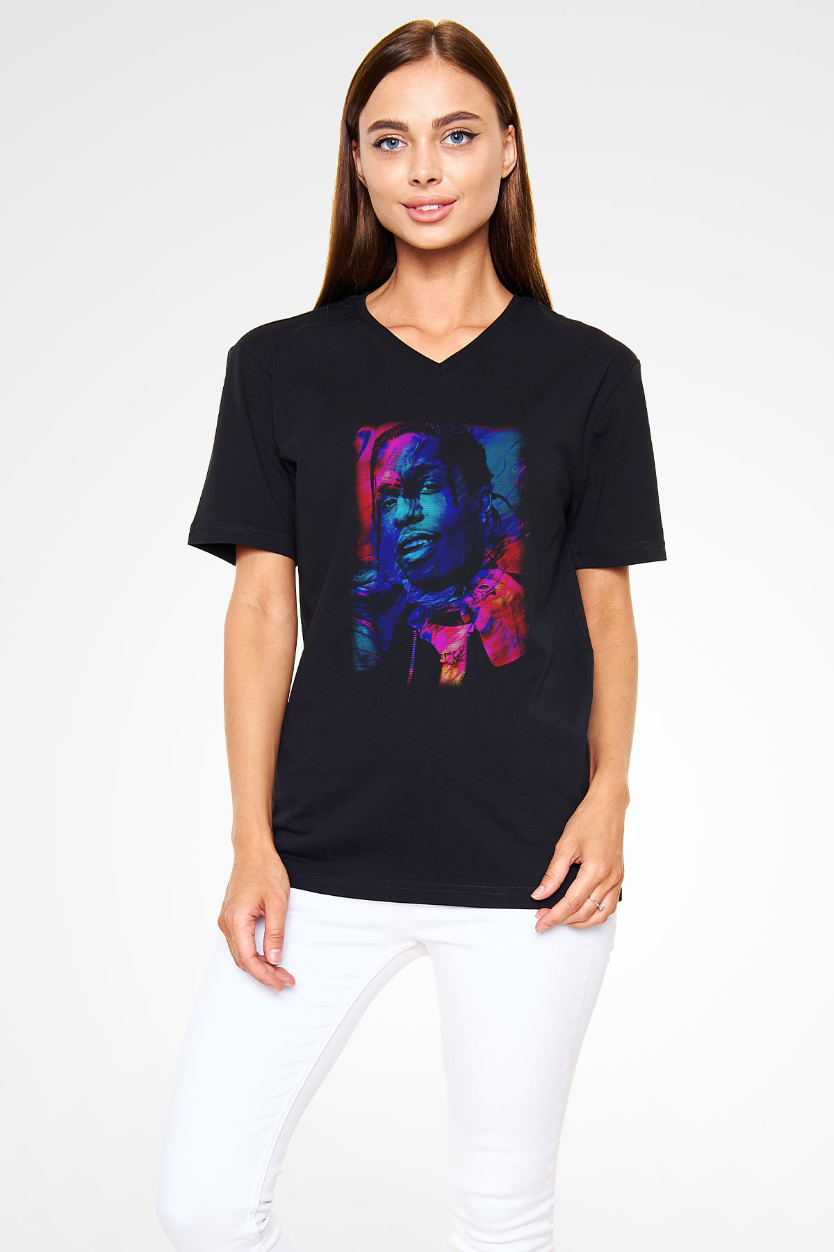 Asap Rocky Baskılı Unisex Siyah V Yaka Tişört - Tshirt