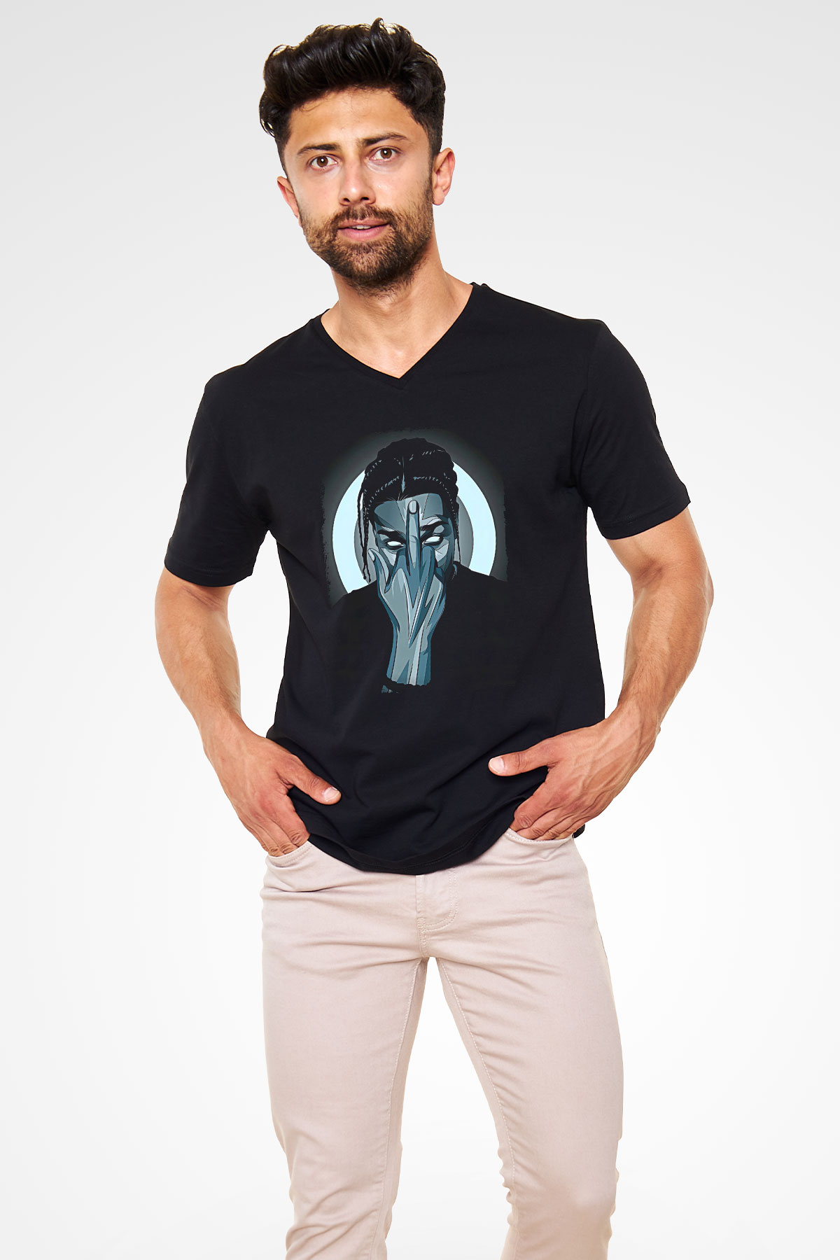 Asap Rocky Baskılı Unisex Siyah V Yaka Tişört - Tshirt