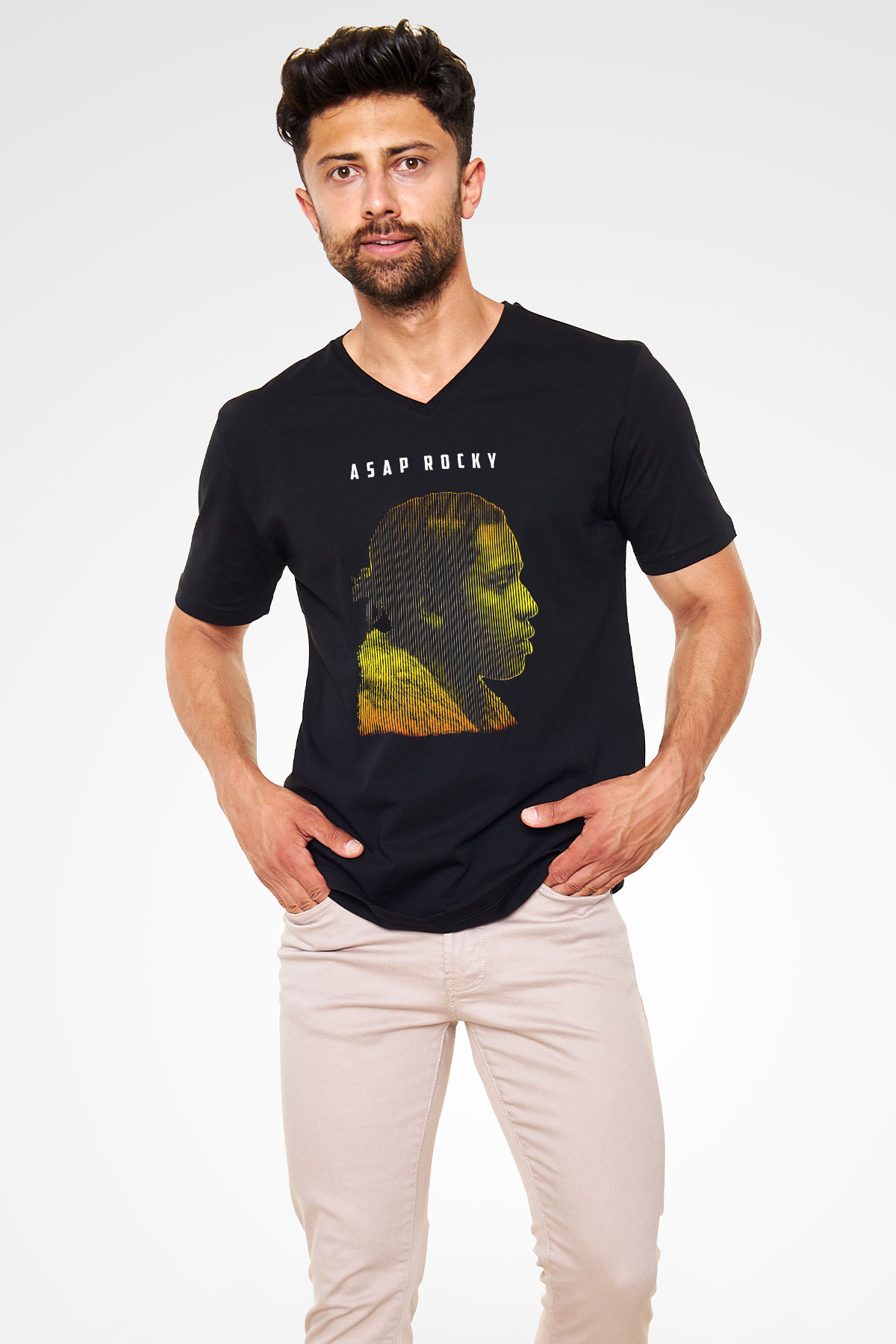 Asap Rocky Baskılı Unisex Siyah V Yaka Tişört - Tshirt