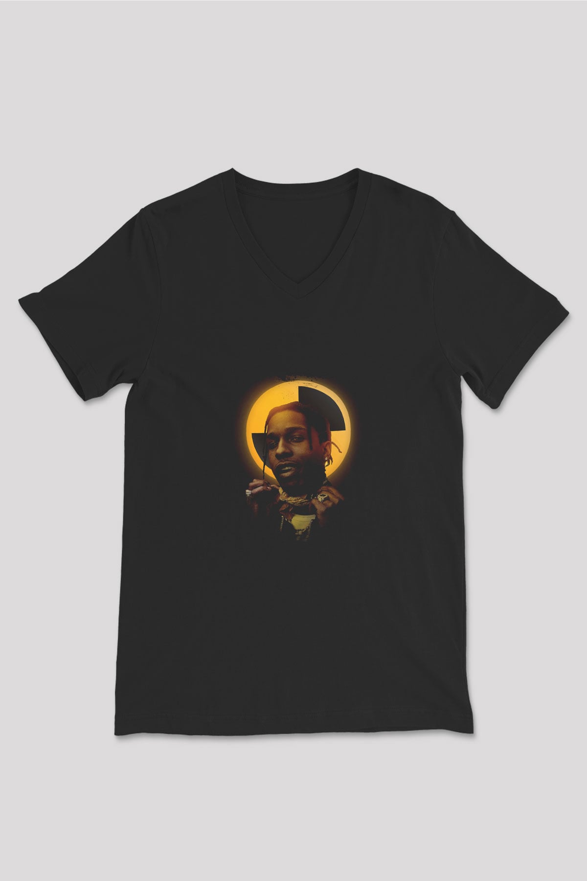 ASAP Rocky Baskılı Unisex Siyah V Yaka Tişört