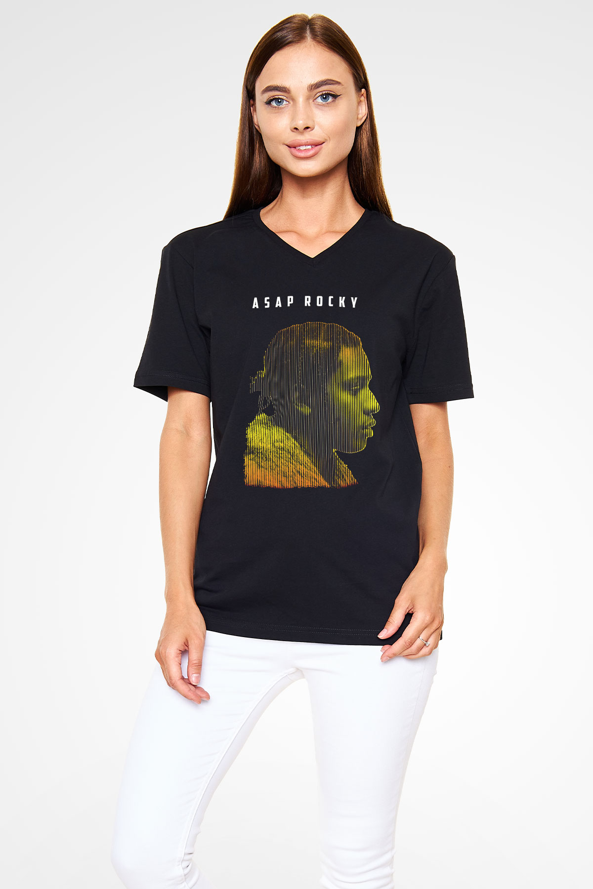 Asap Rocky Baskılı Unisex Siyah V Yaka Tişört - Tshirt