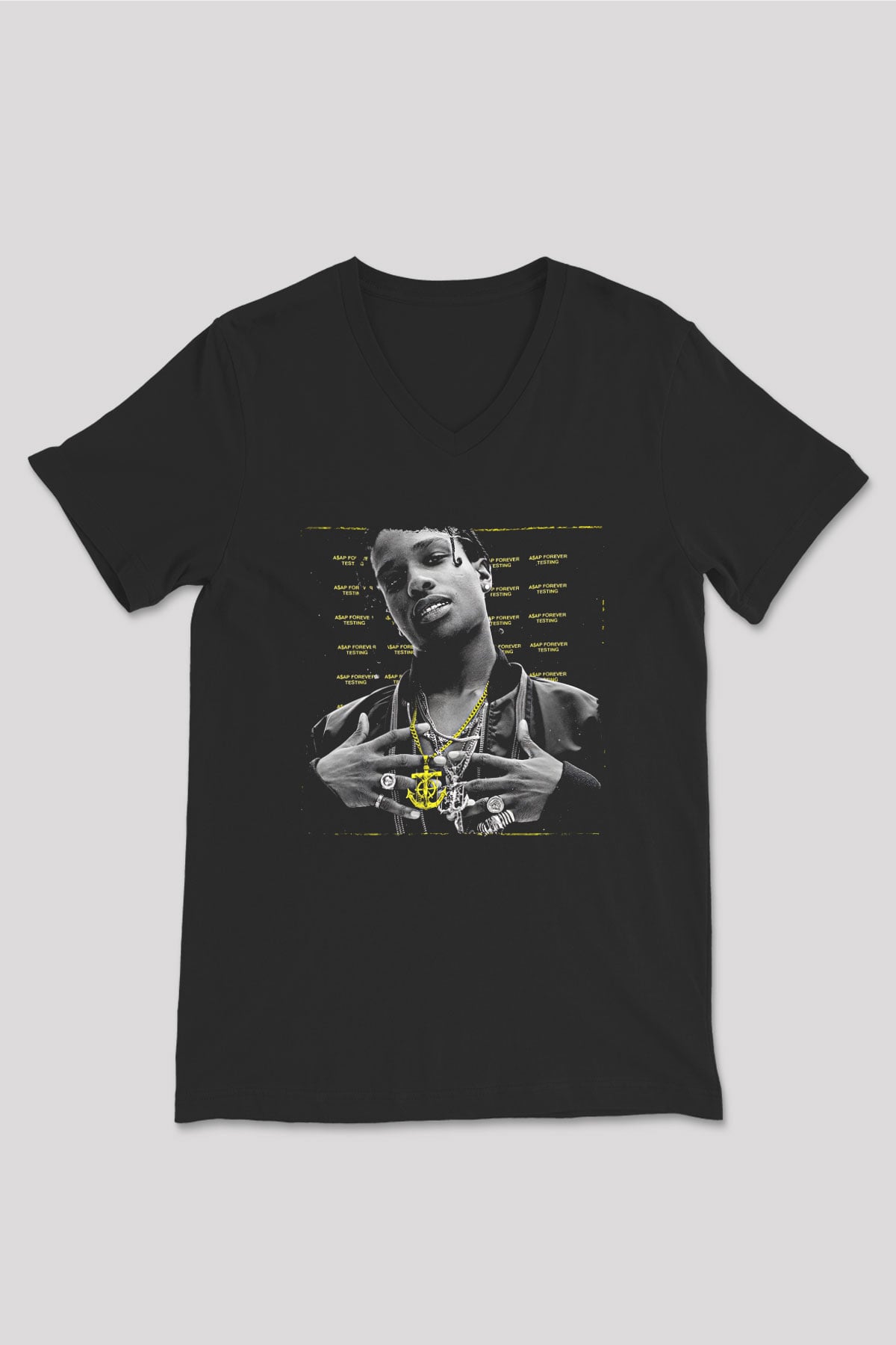 Asap Rocky Baskılı Unisex Siyah V Yaka Tişört - Tshirt