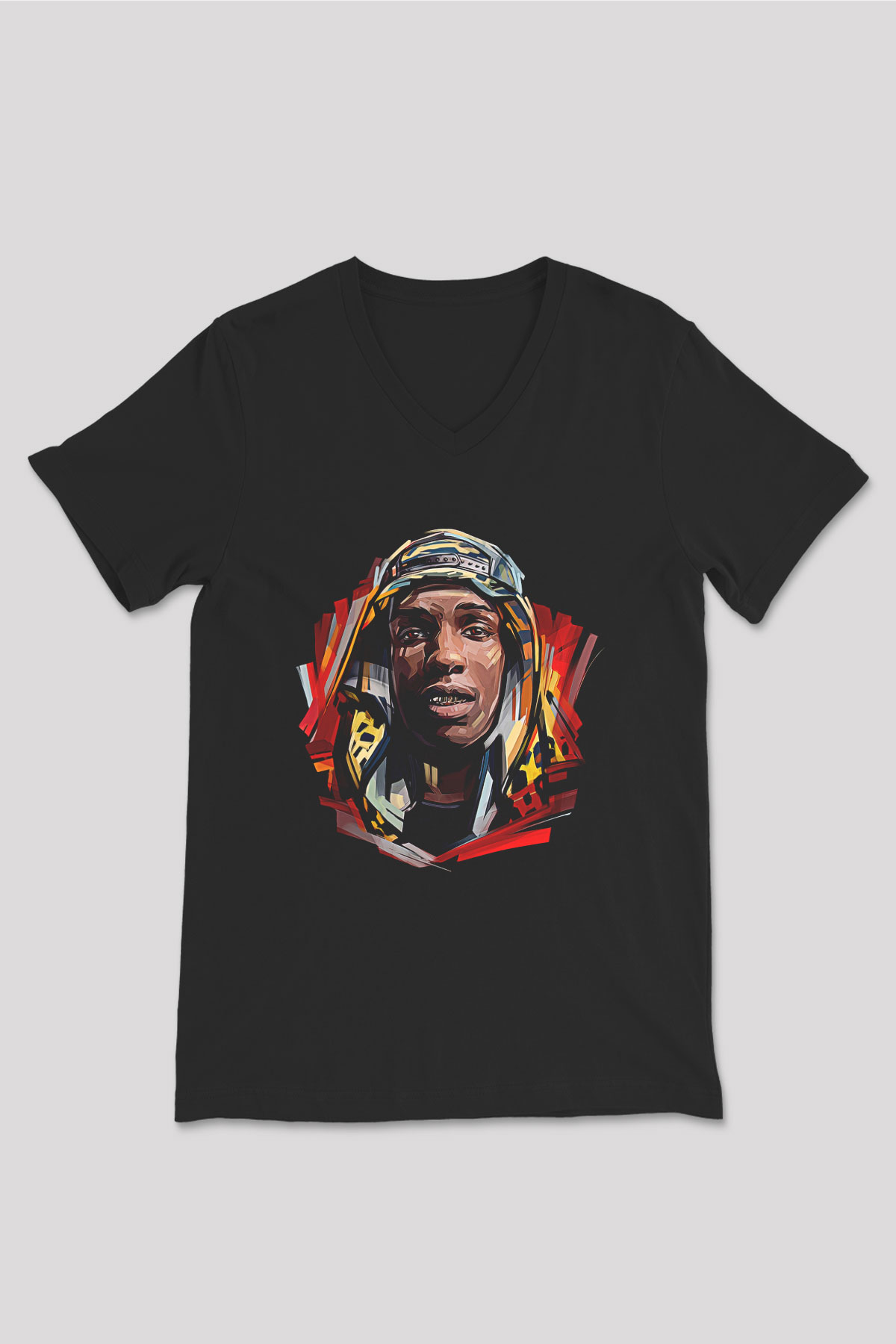 Asap Rocky Baskılı Unisex Siyah V Yaka Tişört - Tshirt