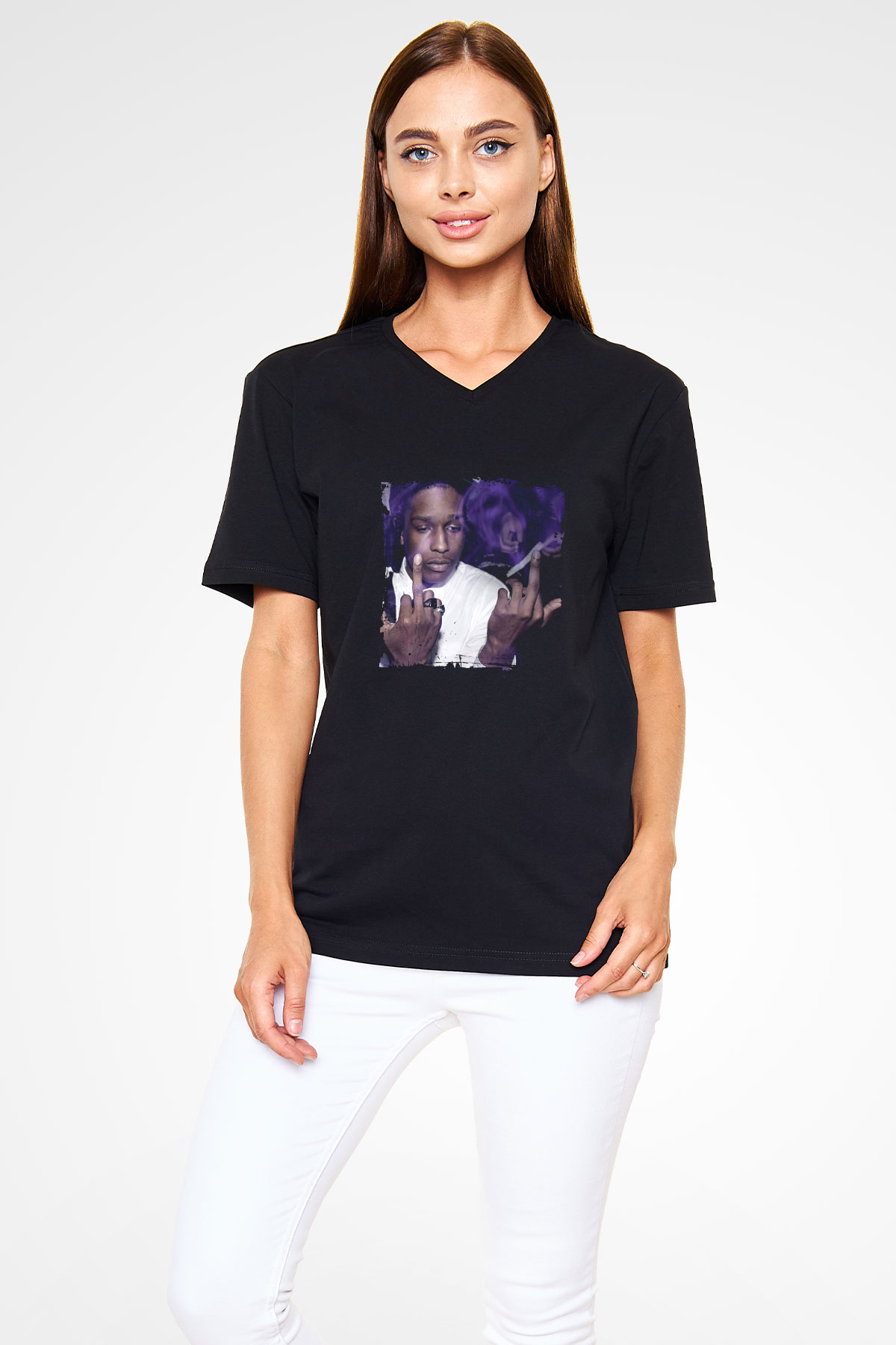 ASAP Rocky Baskılı Unisex Siyah V Yaka Tişört