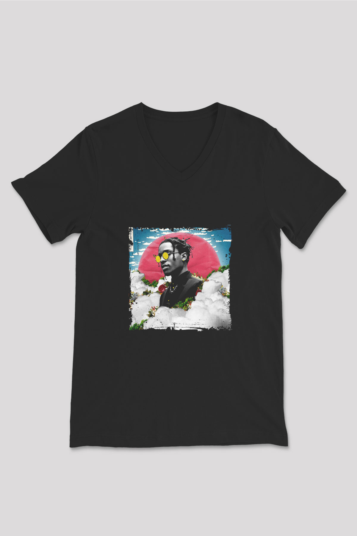 ASAP Rocky Baskılı Unisex Siyah V Yaka Tişört