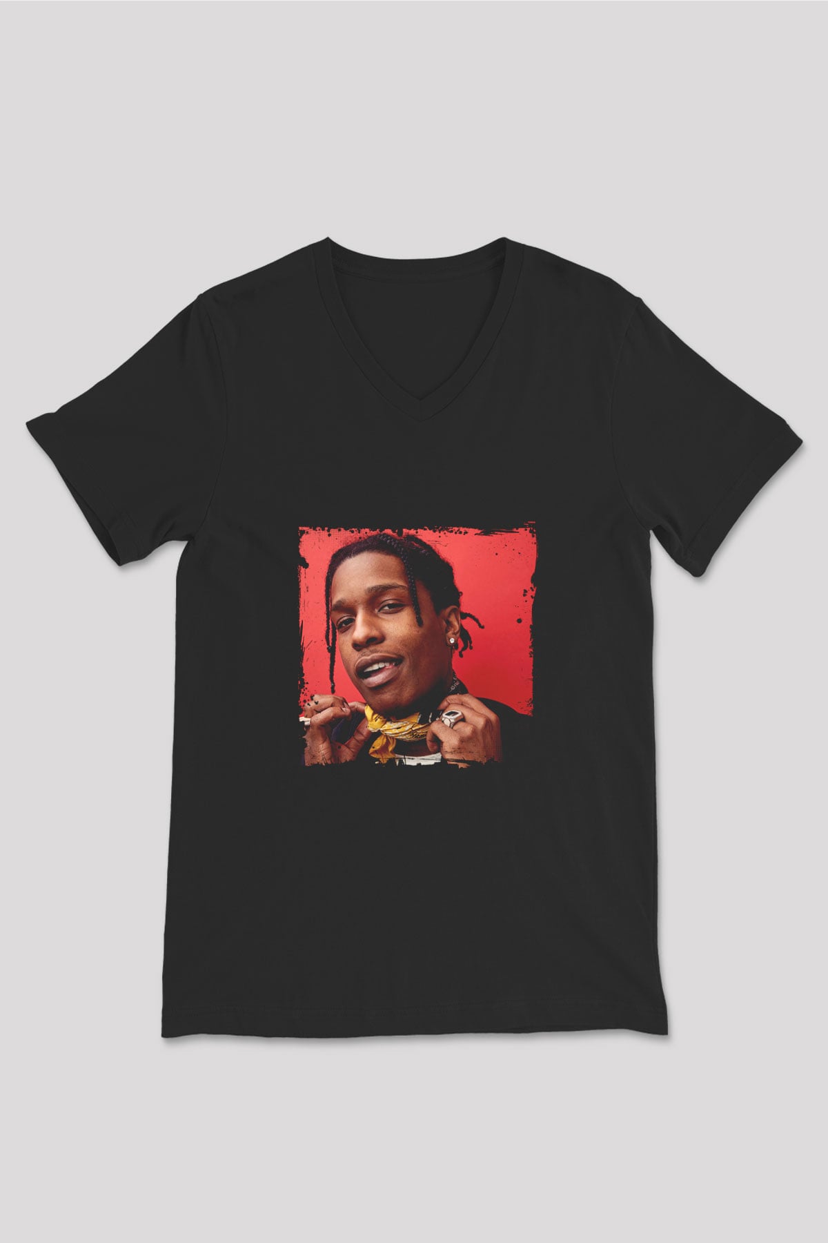 ASAP Rocky Baskılı Unisex Siyah V Yaka Tişört